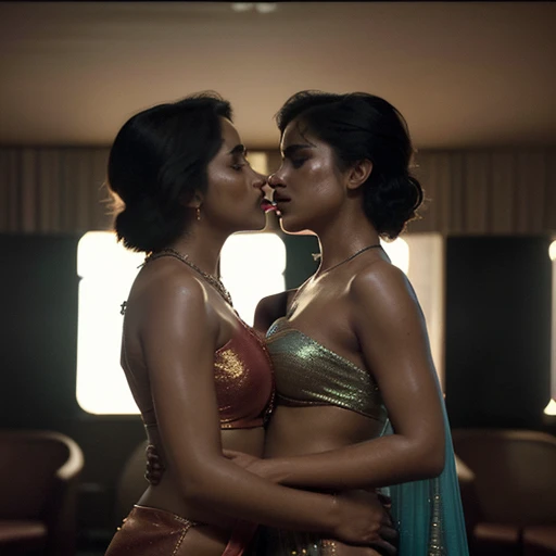 ((best quality)), ((masterpiece)), (detailed), 2 indian beautiful lesbians desperately and passionately kissing each other on lips, facing each other, wearing party saree, holding each other close, standing in disco club, ultra smooth image, realistic photo, red lips, ((smooth skin texture)), hyper realistic, 8k photo, Cinematic film still, shot on v-raptor XL, film grain, vignette, color graded, post-processed, cinematic lighting, 35mm film, live-action, best quality, atmospheric, a masterpiece