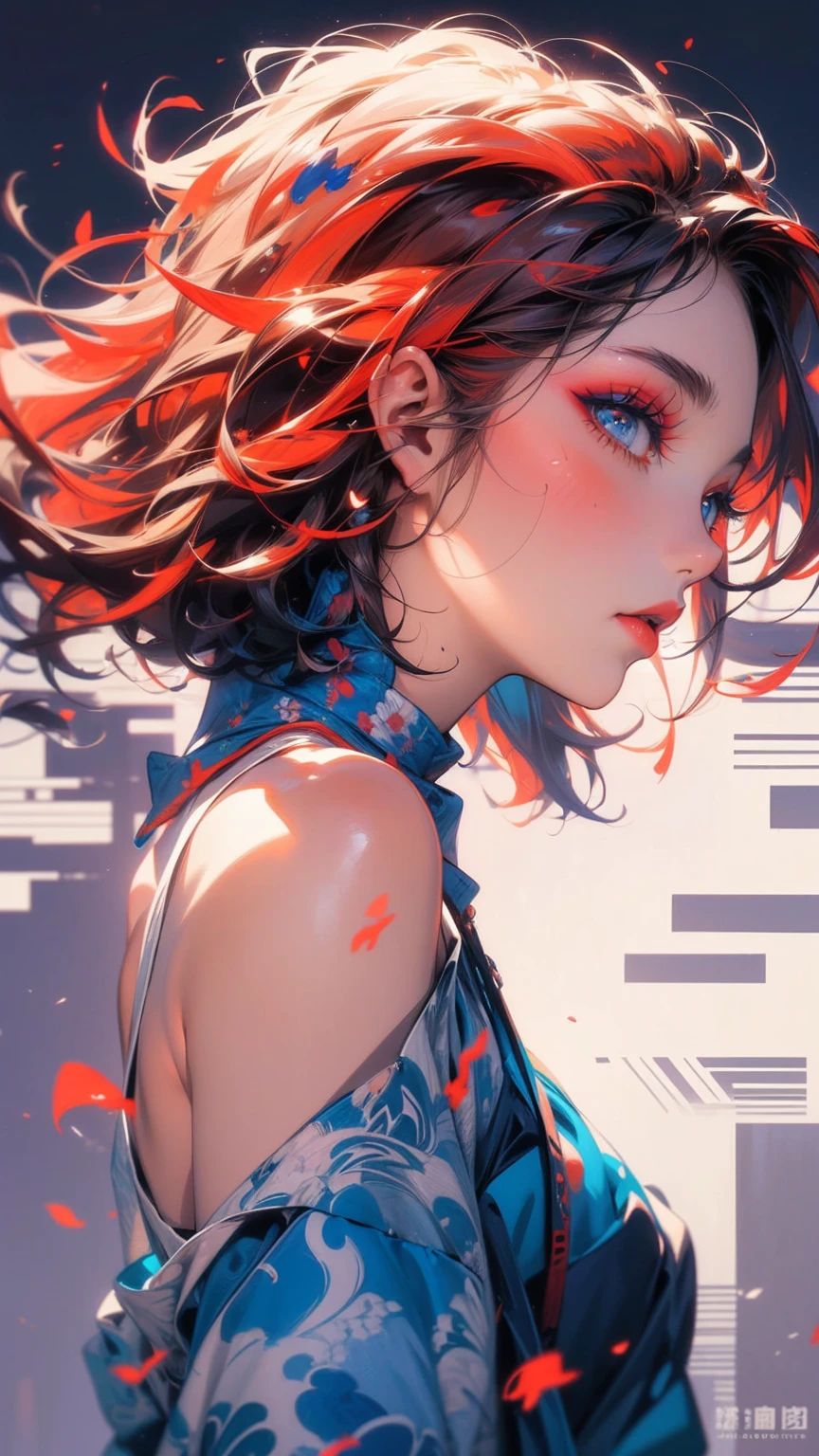 (masterpiece, High resolution, highest quality), 20-year-old woman with avant-garde makeup, short hair, Off-the-shoulder dress, Vermilion and blue undulations, abstract design, artistic juxtapositions, High contrast, Anime Style, Simple lines, Digital Painting,