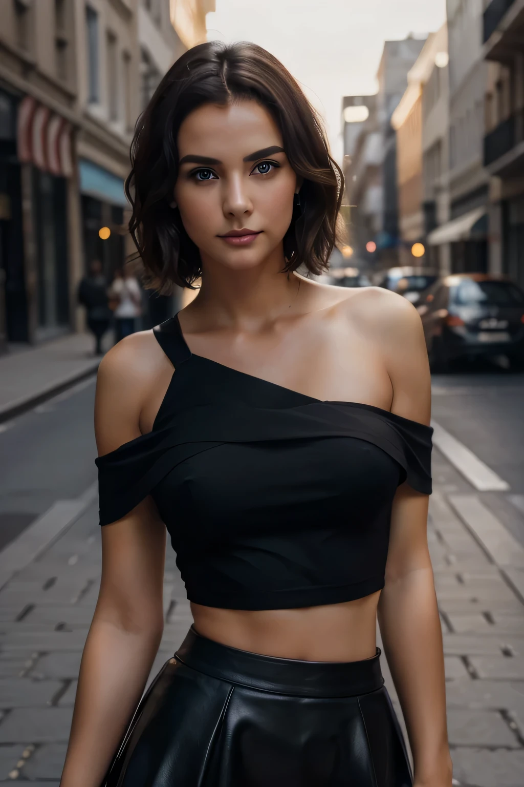 photography of a stunning girl, in the city, wearing a black skirt, enjoying, girl, summer, hot girl, (((medium bust))), brunette hair, short_hair, blue eyes,looks into the camera, symmetrical face, photorealistic, photography, spectacular lighting,, gorgeous, cleavage, western, (masterpice), best quality, high resolution, extremely detailed, skin with pores, blurred background, depth of field, cinematic lighting