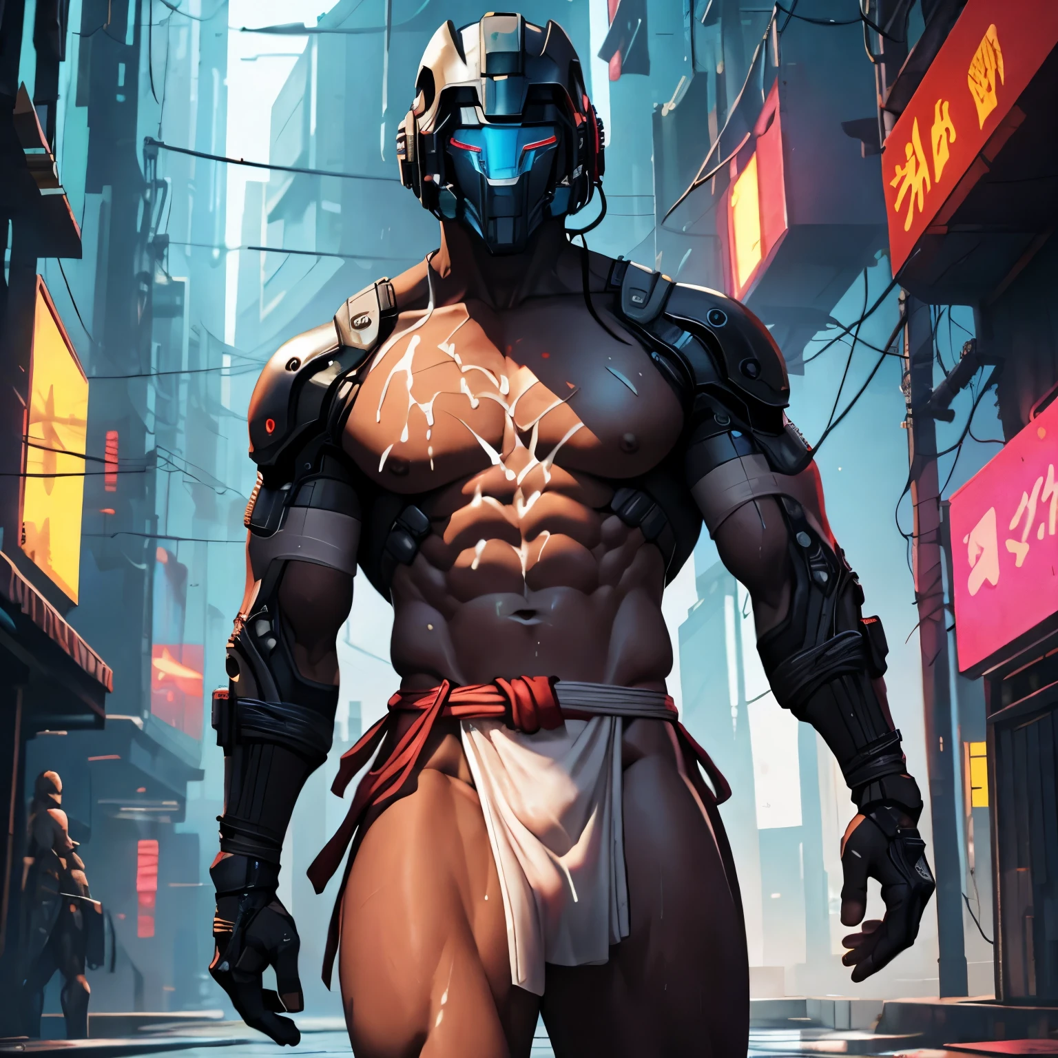 two male, (human body, muscular, full nude, only Glowing cyberpunk future helmet, only skinny fundoshi, covered semen,) realistic, light skinned, 