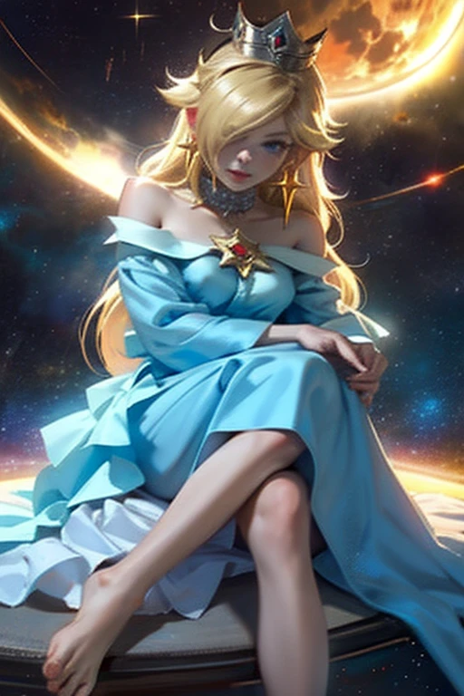 (masterpiece), highest quality, Expressive eyes, Perfect Face, High resolution, 1 girl, alone, Rosalina, Blonde, blue eyes, Hair on one eye, Long Hair, blue dress, Crown, dress, Earrings, jewelry, Princess, Robe, Exposing shoulders, barefoot, star Earrings, space, Starry sky background, Glowing particles, Good lighting, Sitting on the floor, Portraiture, Looking at the audience