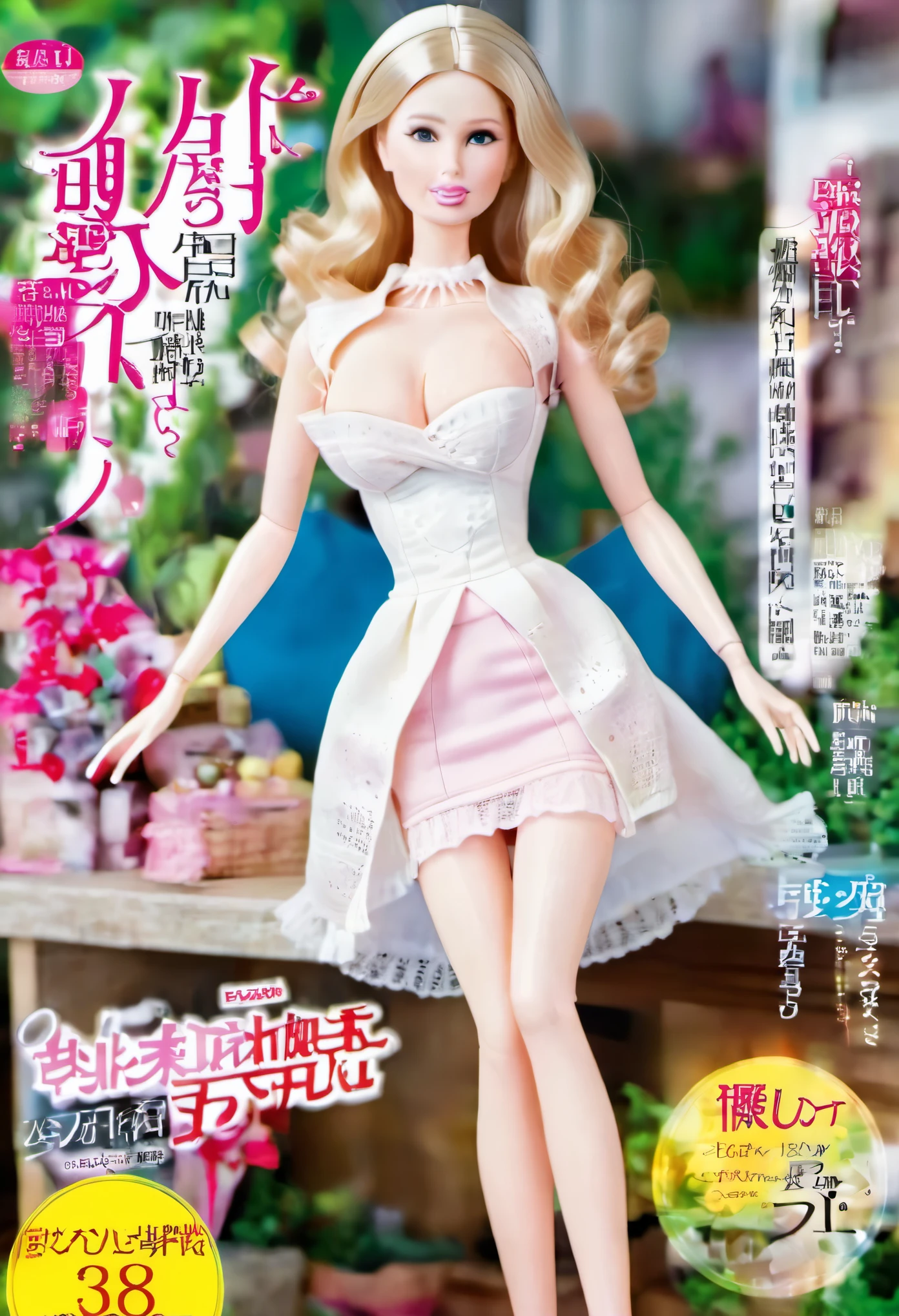 magazine cover(masterpiece, best quality: 1.2), 1 卷发芭比baby,baby，colloid， Exquisite eyes, Wide hips, colloid皮肤，Casual Wear， High heel，Huge natural breasts，