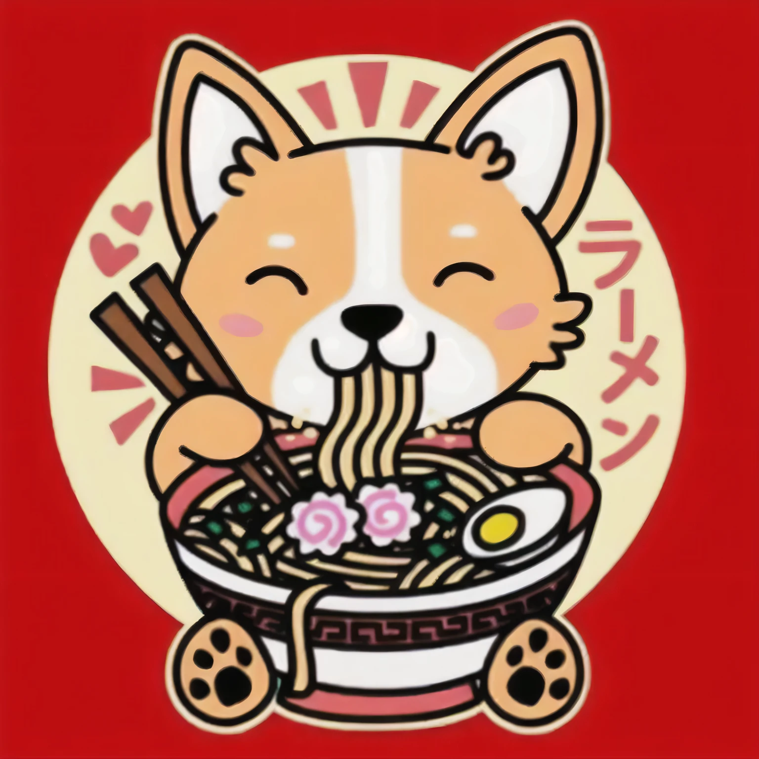 A closeup of a cartoon guinea pig eating noodles in a bowl, cuy peruanos, inspired por Shiba Kokan, por Shiba Kokan, lindo cuy kawaii, shiba inu antropomorfo, shibu-inu, comiendo ramen, shiba inu, inspired by Shūbun Tenshō, ramen, Japanese kawaii style