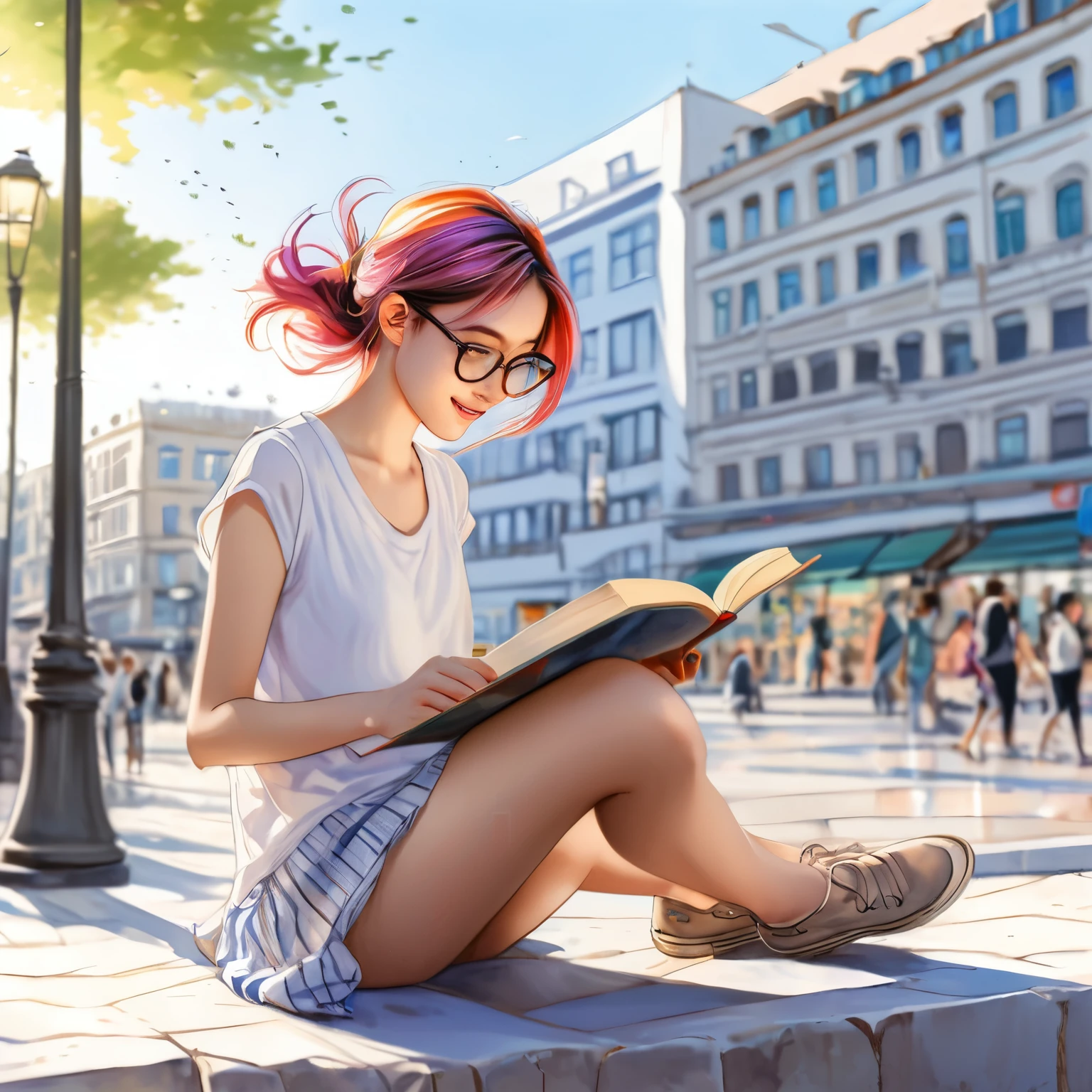 (best quality,ultra-detailed,realistic:1.37),girl sitting in a plaza reading a book in the late afternoon,anime-style drawing,aquarelle technique, colorful hair blowing in the wind,wearing glasses,happy expression,profile drawing