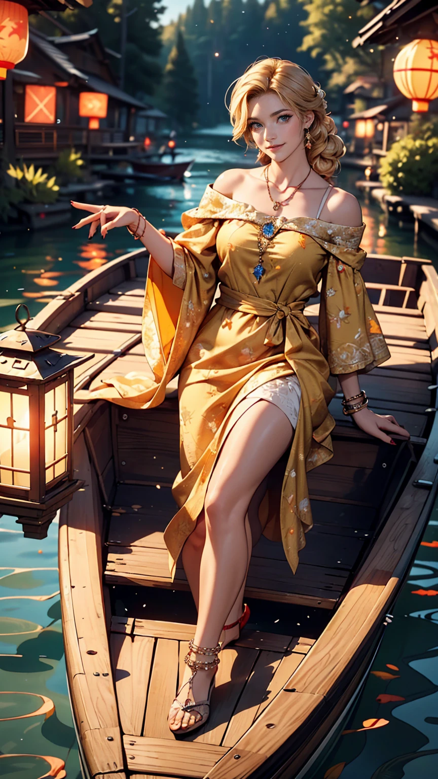 ((最high quality, 8K, masterpiece: 1.3, Ultra HD, high quality, 最high quality, High resolution, realism)) 、A 22-year-old extremely beautiful white woman、Hair color blonde、blue eyeedium Hair、Straight Hair、smile、Slender but well-proportioned body、Background blur((depth of field))、Aerial perspective((atmospheric perspective))、I want my head to stay off screen、Wearing accessories on the wrist、Put an anklet on your ankle、Wearing red nail polish、I have a peticure、Disney((Disney))Tangled、Blonde long hair、Wear an off-the-shoulder dress、smile、A lake in the forest、A boat floating in the middle of a lake、Looking up at the many lanterns flying in the night sky