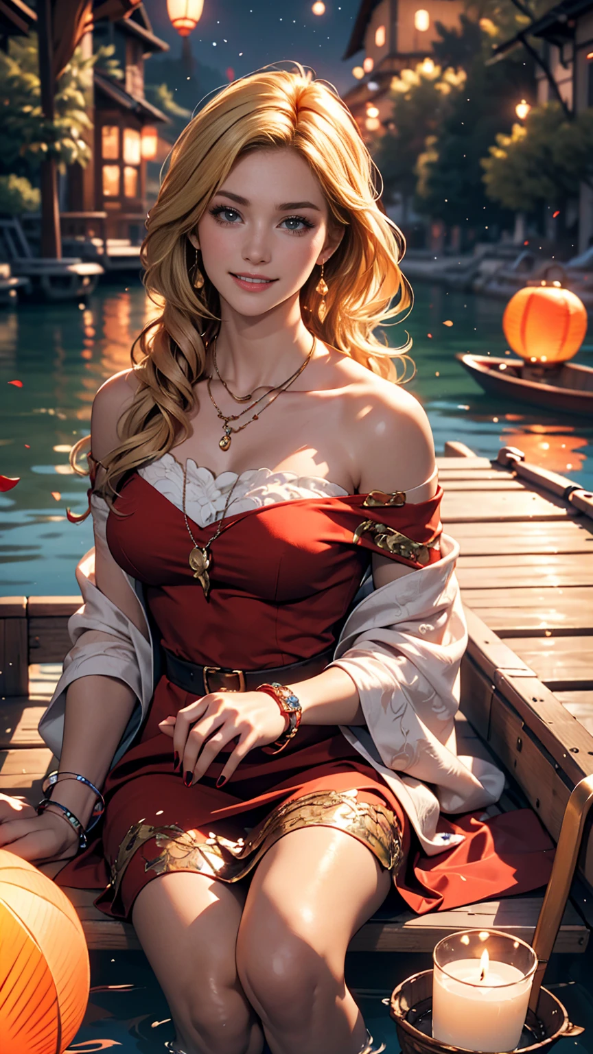 ((最high quality, 8K, masterpiece: 1.3, Ultra HD, high quality, 最high quality, High resolution, realism)) 、A 22-year-old extremely beautiful white woman、Hair color blonde、blue eyeedium Hair、Straight Hair、smile、Slender but well-proportioned body、Background blur((depth of field))、Aerial perspective((atmospheric perspective))、I want my head to stay off screen、Wearing accessories on the wrist、Put an anklet on your ankle、Wearing red nail polish、I have a peticure、Disney((Disney))Tangled、Blonde long hair、Wear an off-the-shoulder dress、smile、A lake in the forest、A boat floating in the middle of a lake、Looking up at the many lanterns flying in the night sky