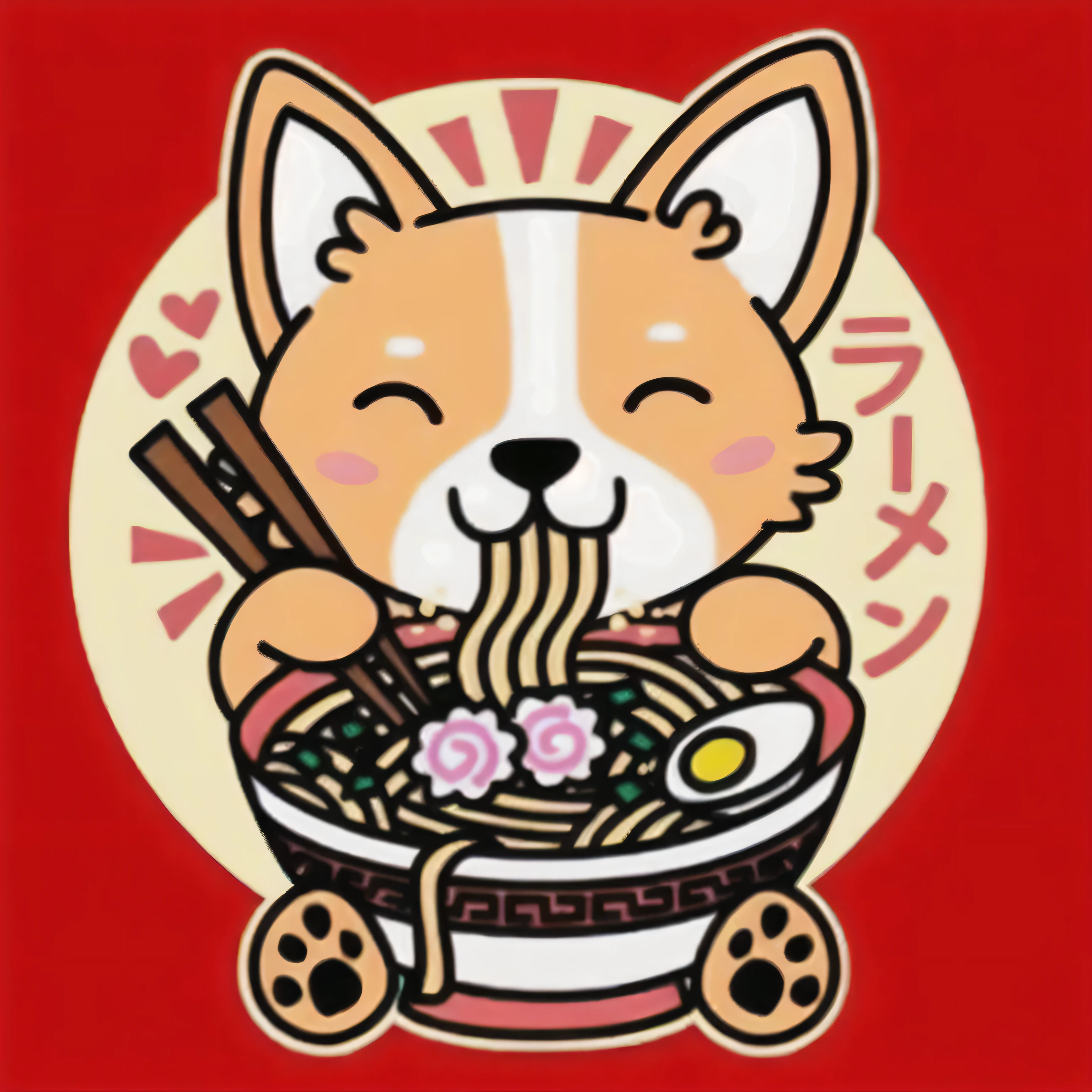 A closeup of a cartoon guinea pig eating noodles in a bowl, cuy peruanos, inspired por Shiba Kokan, por Shiba Kokan, lindo cuy kawaii, shiba inu antropomorfo, shibu-inu, comiendo ramen, shiba inu, inspired by Shūbun Tenshō, ramen, Japanese kawaii style