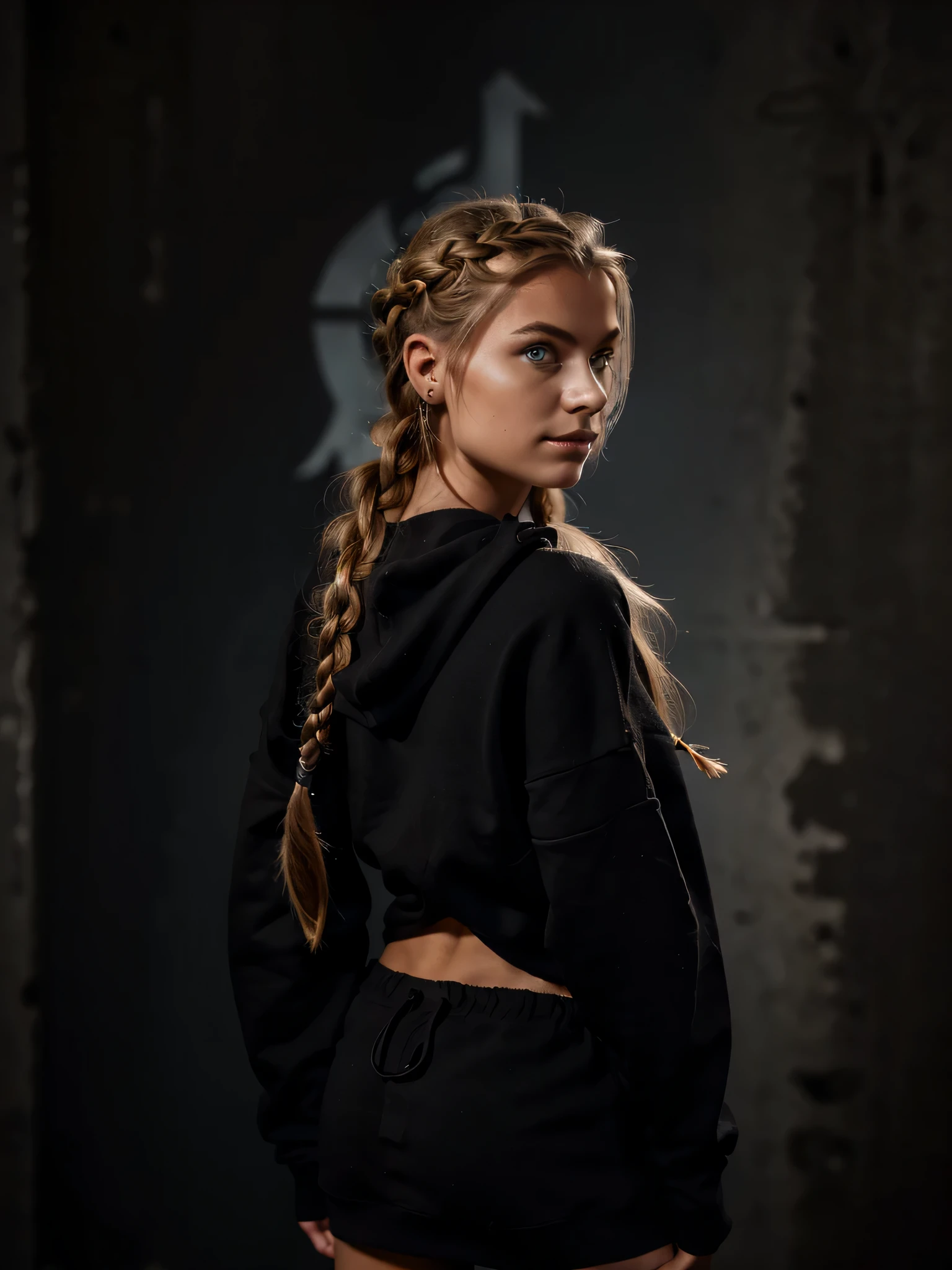 (((portrait from the backside))), skinny woman, 22yo, nordic look, ((viking braid)), (black hoody with the head of thor), black wall in background, mystic dark atmosphere, little light