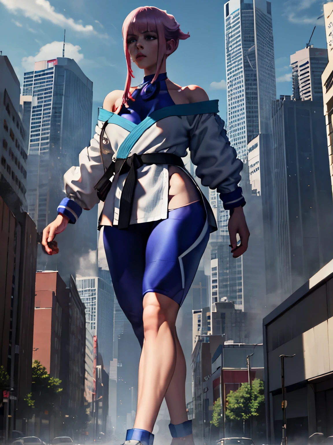 Masterpiece, best quality, high-resolution, 1girl, solo, 1girl, giantess, giant girl, mamonms, off shoulder, white dougi, martial arts belt, halterneck, hip ventilation, bodysuit, walking in the city