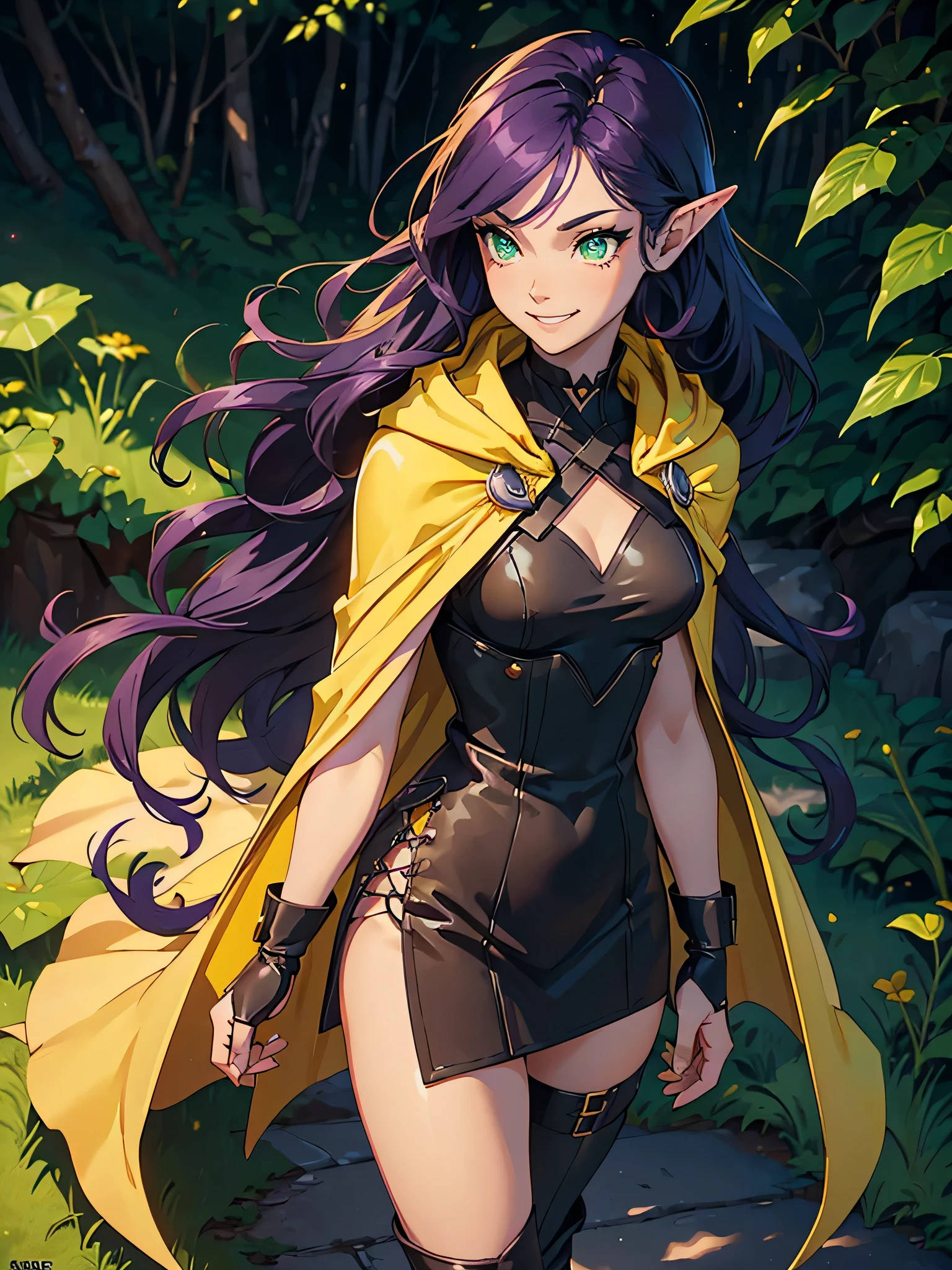 masterpiece, high quality, (1_woman), (full body), (exotic skin_complexion), mature, standing, beautiful, exotic, with long elf ears, ((looking away from the camera)), big smile, ((finger smile)), ((fingers to mouth)), ((grinning)), wearing (((yellow))) hooded cape), hood down, (((yellow cape))), broach, black choker, (thigh highs) with purple embroidery, long fingerless leather gloves, ((small breast)), black sleeveless dress, (bright purple hair), long hair, ((wavy hair)), realistic and detailed face having diamond shaped eyes, (((green eyes)), dark_eyeliner, long_eyelashes), natural dynamic lighting casts detailed shadows, knee high dark brown boots, standing outside rustic tavern, forest, mountains in the distance, sunny day,