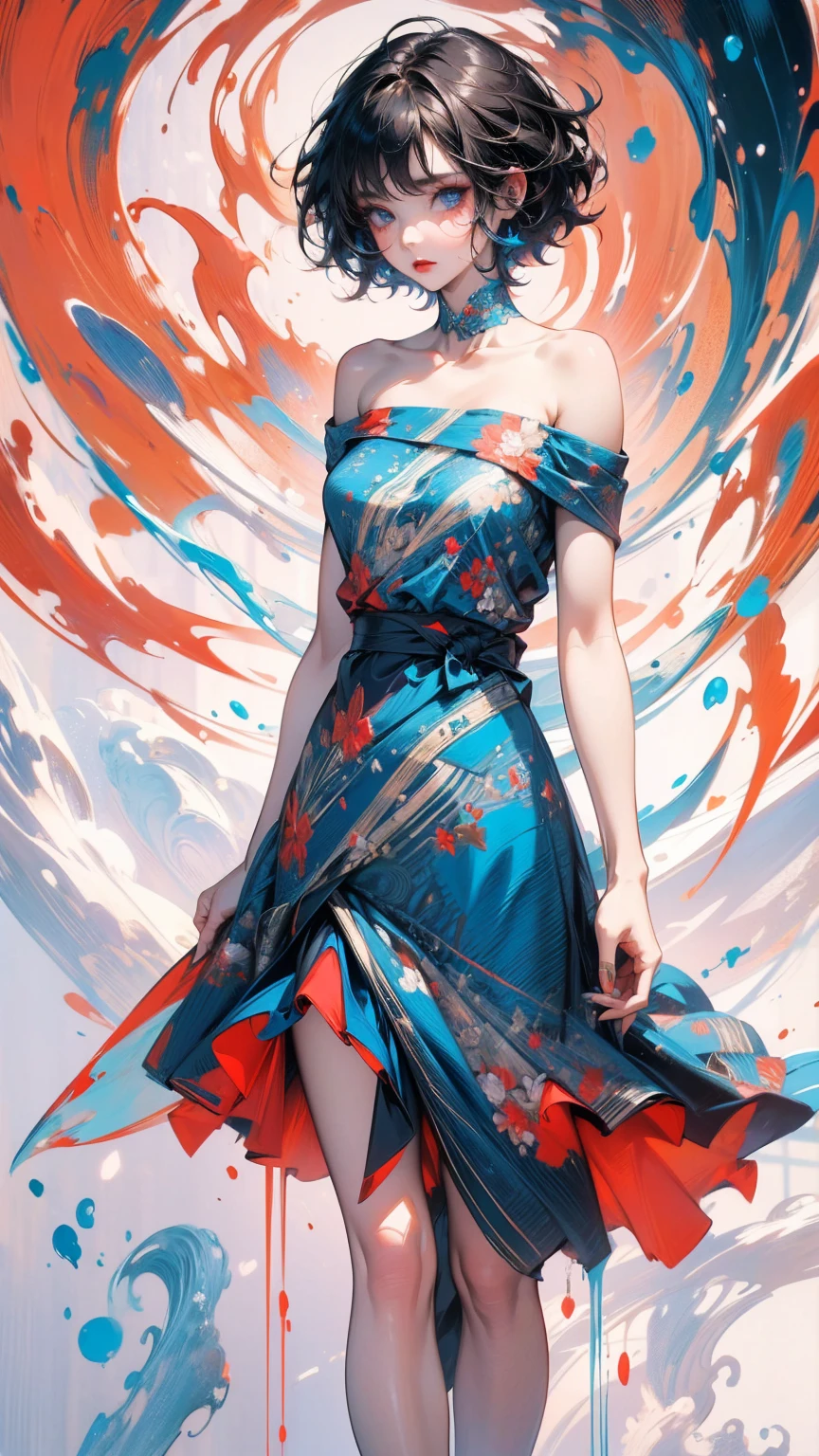 (masterpiece, High resolution, highest quality), 20-year-old woman with avant-garde makeup, short hair, Off-the-shoulder dress, Vermilion and blue undulations:1.2, abstract design, artistic juxtapositions, High contrast, Anime Style, Simple lines, Digital Painting,