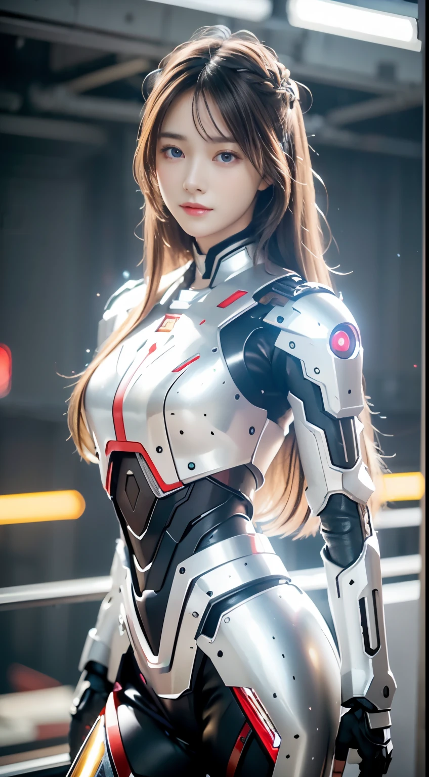 Android Girl&#39;a masterpiece of, (Best Quality), Highly detailed, Ultra-detailed, 1 android girl, (mechanical wings: Golden, Eyeliu of shining light, red Mecha: 1.2, ear: 0.8), (cyberpunkcity: 1.5, arma: energyblade), (Fantasy landscape: 1.2, Natural lighting: 1.5, Confident expression), (in a panoramic view: 1.2), White and red mechs, Blonde, Smile, Blue eyes, Angle, angelicales, spread your long hair.