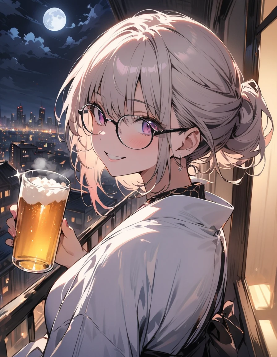 (masterpiece), best quality, expressive eyes, perfect face, At night, under the city lights,
on a balcony of an apartment,
a woman drinks beer, smiling,
wearing glasses, under the moon and stars,
feeling the night breeze.