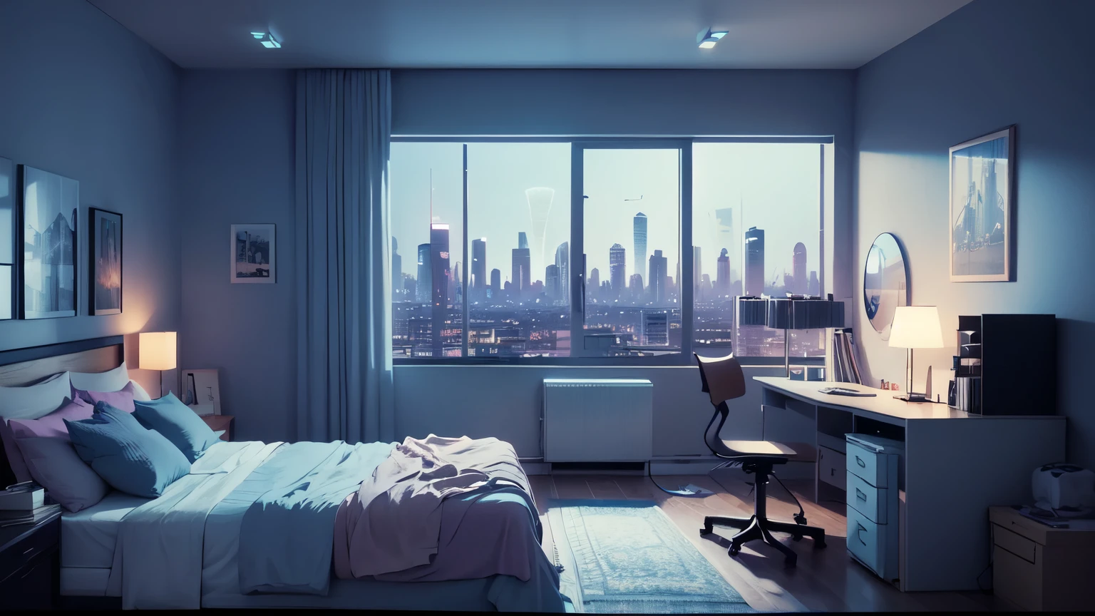 animation cinematic still of a modern room, big windows with city view at night, melancholic, sad vibes, bed is unmade, computer desk, cluttered with the mismatched furniture, Posters on the walls and the guitar in the corner,in style of Pixar, Disney, vaporwave
