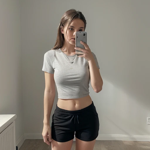 Selfie, white girl, standing, gray t-shirt, black sports shorts, plain wall background, ((body selfie)), iphone, clean background, plain t-shirt
