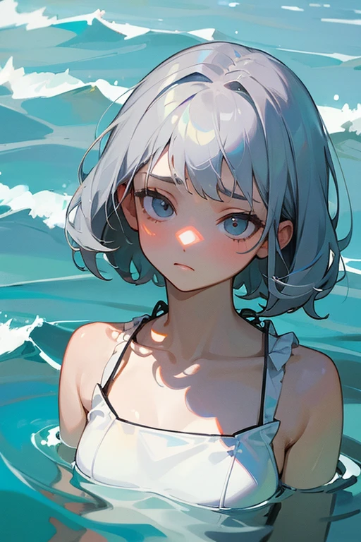 masterpiece、Highest quality、Ocean、cute、Swimwear、girl、Emotionless face、Expressionless、Lightless Eyes、Gray Hair