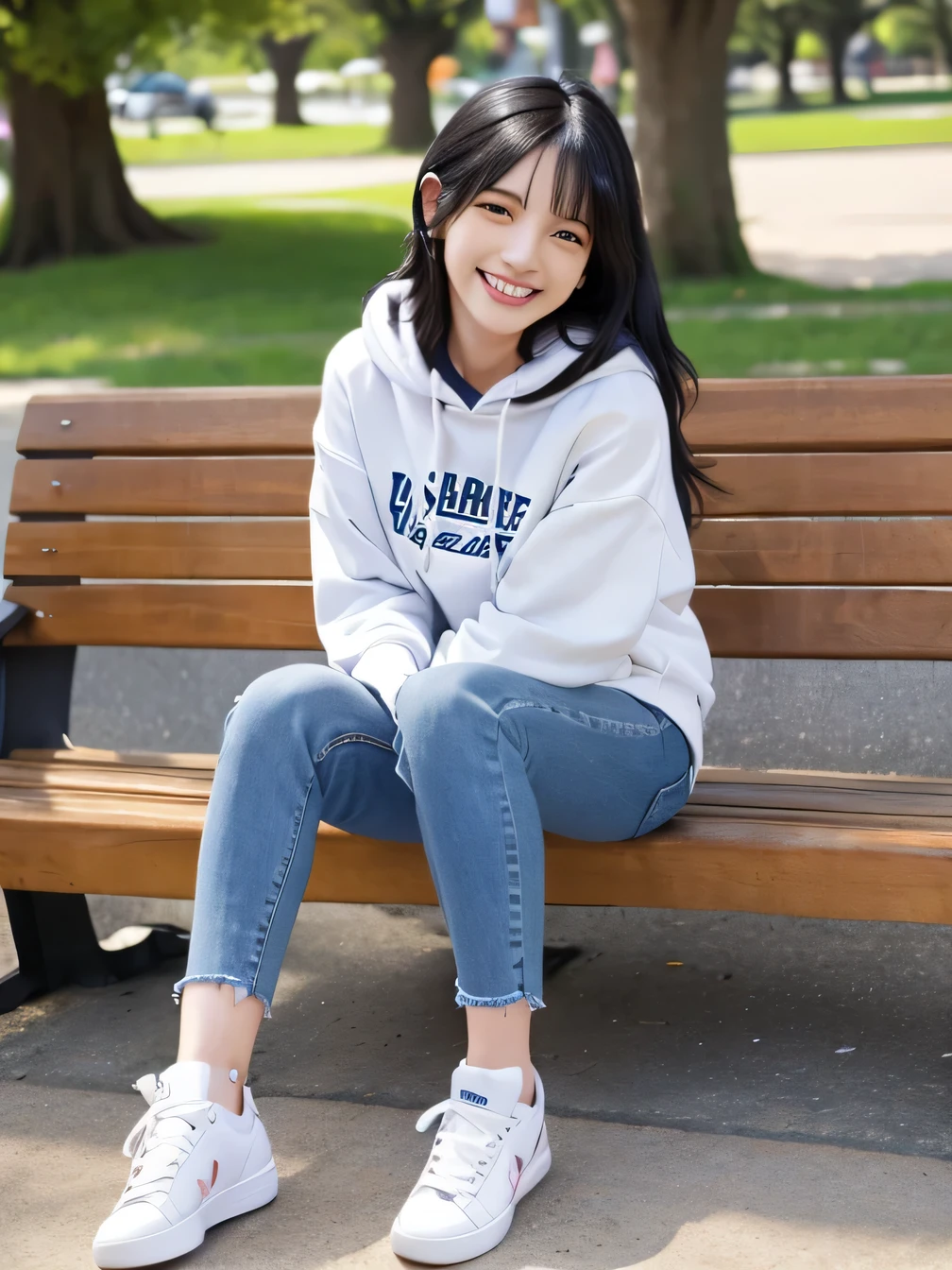highest quality)), ((masterpiece)), (Get used to it), Perfect Face、((highest quality)), A neat and beautiful woman sitting on a park bench、Ear piercing、hoodie、Skinny jeans、sneakers、Black Hair、Smiling with teeth showing、Full body photo、Ear piercing information