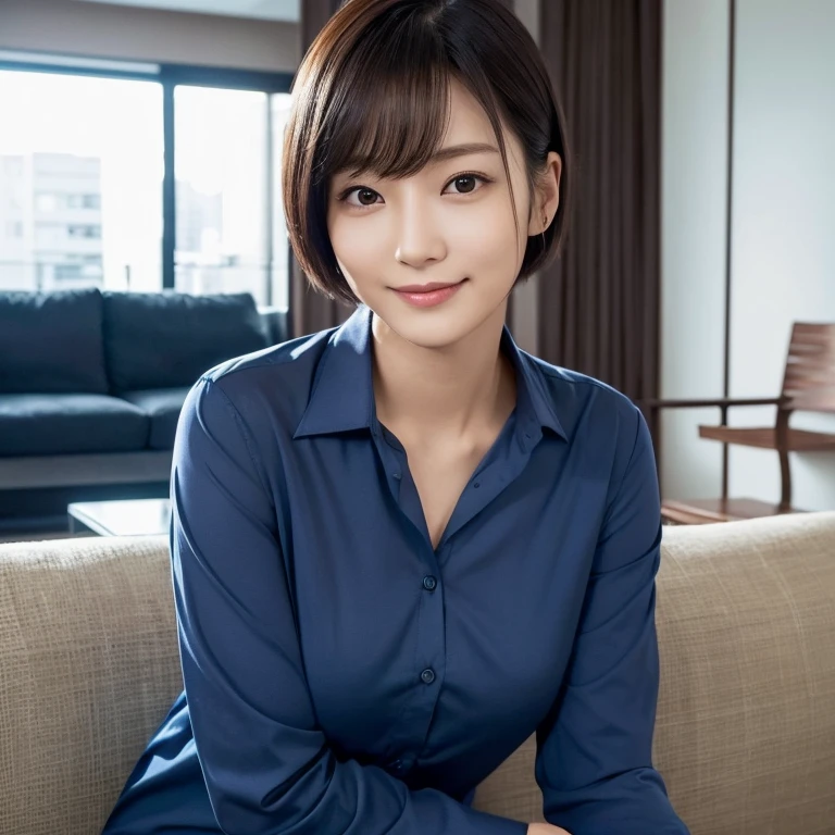 The face of a beautiful Japanese woman in her thirties with short hair wearing a long-sleeved dark blue cotton shirt in the living room at night, leaning her head against the headrest of the sofa, looking at me with a resigned smile. Focal length 100mmf/2.8, spring night, living room on the upper floor of a high-rise apartment, well-shaped face, friendly and gentle smile, toned body, dark blue long-sleeved cotton shirt, maximum close-up of eyes, sense of presence, 8K image quality, highest quality.