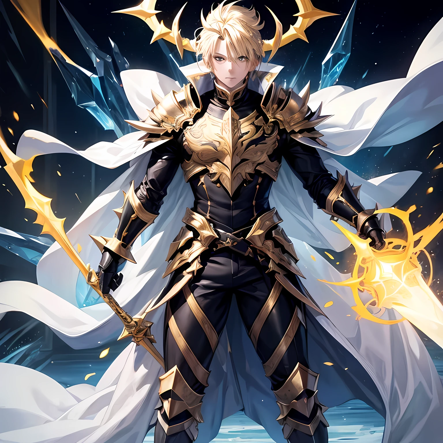(highres, masterpiece, best quality) man, spiky blonde hair, yellow eyes, ice armor, full body, white horns, black aura