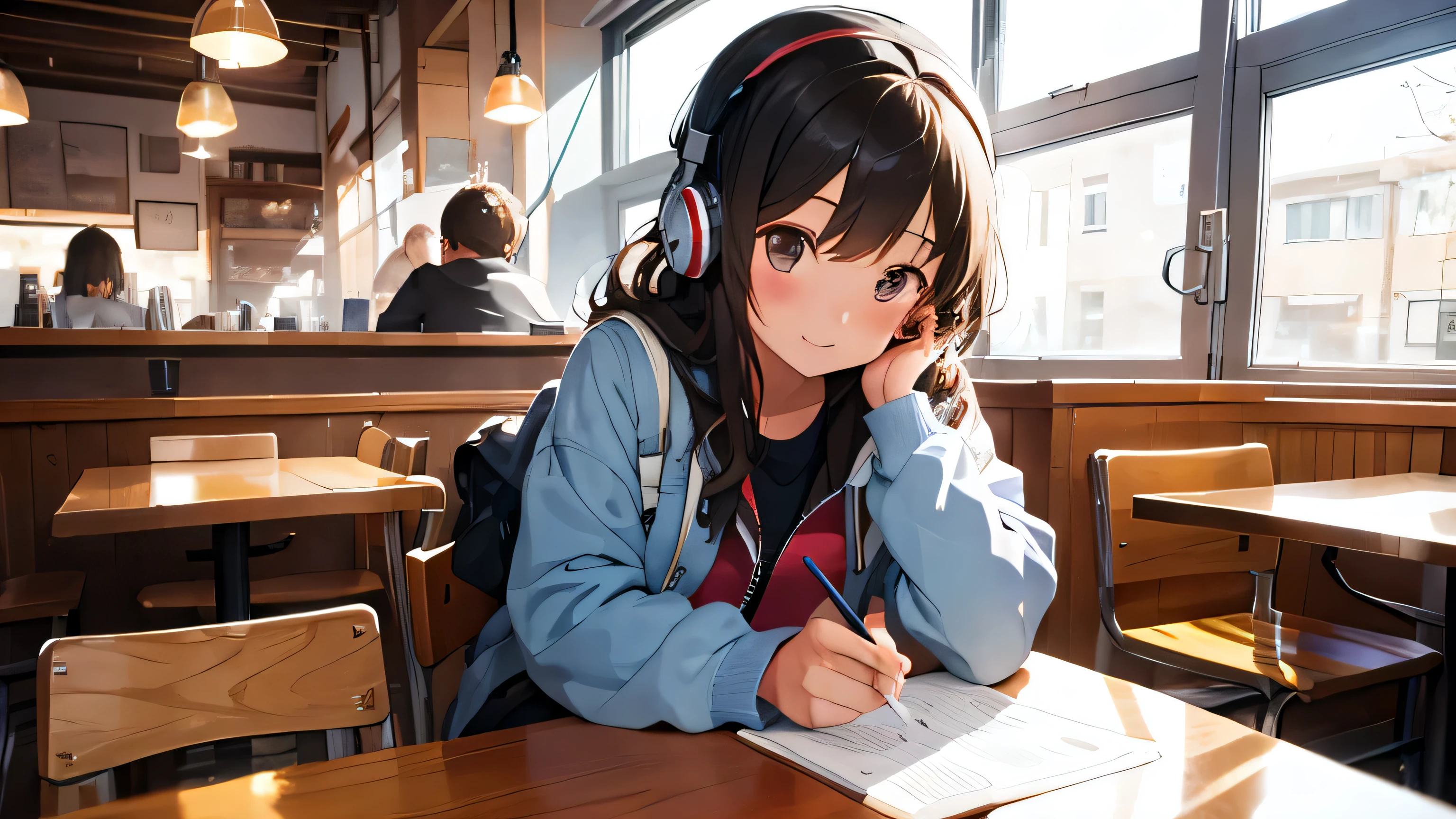 A girl studying in a cafe with headphones on