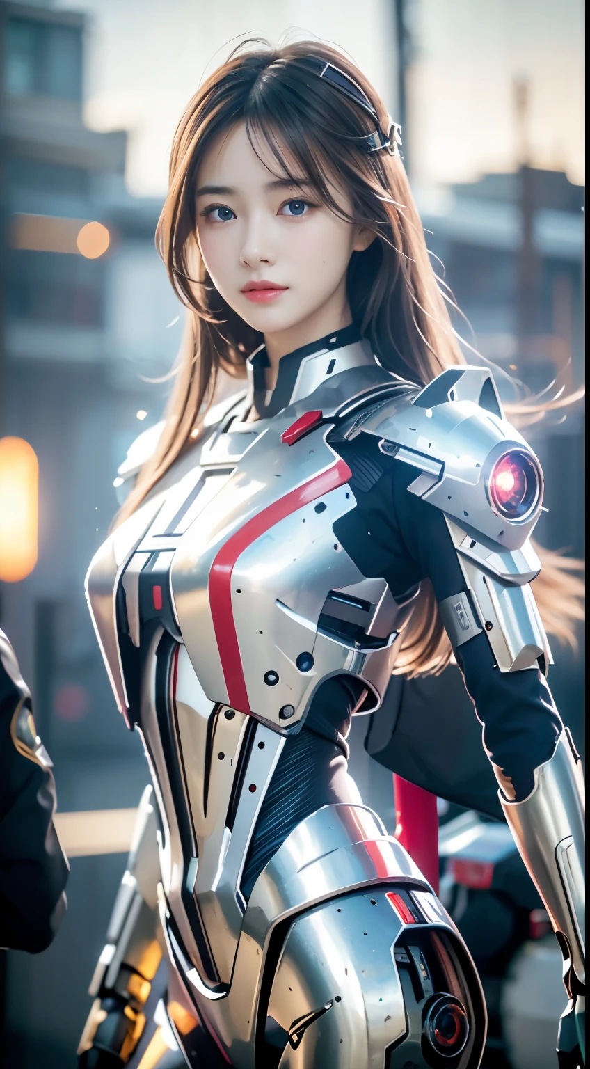 Android Girl'a masterpiece of, (Best Quality), Highly detailed, Ultra-detailed, 1 android girl, (mechanical wings: Golden, Eyeliu of shining light, red Mecha: 1.2, ear: 0.8), (cyberpunkcity: 1.5, arma: energyblade), (Fantasy landscape: 1.2, Natural lighting: 1.5, Confident expression), (in a panoramic view: 1.2), White and red mechs, Blonde, Smile, Blue eyes, Angle, angelicales, spread your long hair.