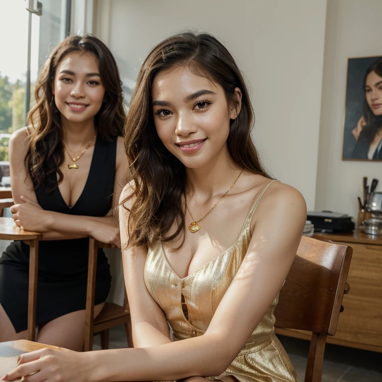 (in 8K, Raw-Photo, best quality, masterpiece:1.2), (epicrealism), (realism:1.6), 1 girl , 31yo, 3/4 body, realistic skin, pale skin, (skin pores:1.4), a beauty, thai ancestry, beautiful thai girls, beautiful thai women, mestiza, perfect face, slim normal body, wolf cut, (wavy hair), bob cuts hair,(Cute smile), looking at viewer, dress, blazers, office outfit, professional look, flat-chested, (gold necklace:1.2), ((The highest quality, 16 k, masterpiece: 1.3)), Biologically Correct Human, reference, detailed faces, luscious lips, detailed lips, detailed eyes, detailed hair, glittering eyes, realistic pupils, detaioed eyess, outdoor, sitting, cute pose, (smile:1.3), elegant, at a cafe, dynamic lighting, midmorning, bright lighting, white ambience light, backlight, summer, people in the background watching, deep depths of field, blurry background, dynamic background