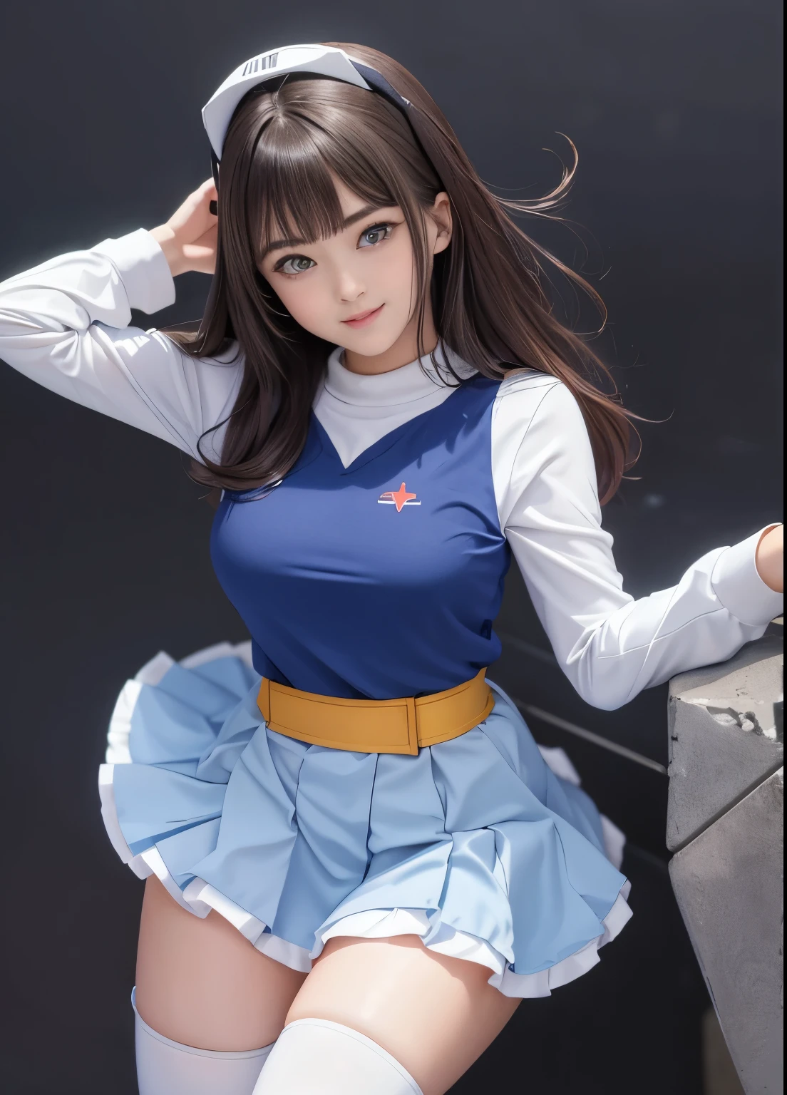 (highest quality), (masterpiece), Mobile Suit Gundam F91 personification, Browsing Caution, Great highlights on the upper body, Powerful Mech, Beam rifle,  Girl, 21 years old, Baby Face, Beautiful Eyes, Modest nose, Neat, smile, Absolute area, Moist、Slightly thick thighs, Short skirt, Leg spread, whole body, universe, Battle scene with enemy,