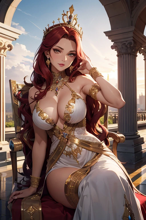 (best quality,masterpiece:1.2),detailed,perfect face,queen,castle,big breast,portraits,vivid colors,shiny armor,soft flowing hair,sparkling jewelry,powerful pose,elaborate crown,majestic background,brilliant sunlight,impressive architecture,curved pathways,enchanting garden,statues,fountain,splendid tapestries,luxurious velvet,ornamental decorations,gold accents,richly textured fabrics,romantic atmosphere,peaceful ambiance,serene expression,confident gaze,graceful movements,royal elegance,flawless complexion,delicate features,subtle makeup,extraordinarily beautiful eyes,breathtaking lips,commanding presence,regal authority,royal scepter,opulent throne,blue-sky backdrop,magnificent sunset, ethereal lighting,historical charm,grandeur and opulence,classical composition,monumental proportions,ethereal beauty,imposing figure,splendor and grace,unforgettable countenance,mesmerizing gaze,queen of allure,magnanimous ruler,exquisite craftsmanship,impeccable attention to detail,exalted position,celestial realm,breathtaking panorama,awe-inspiring surroundings,immaculate portrayal,unparalleled magnificence,sublime artistry,stunning realism,unmatched beauty,celestial queen,royalty at its finest,
red hair.