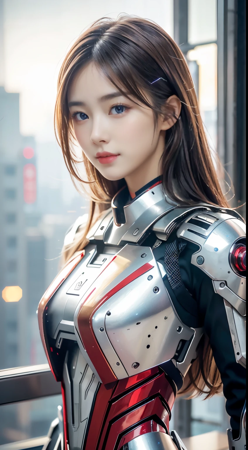 Android Girl'a masterpiece of, (Best Quality), Highly detailed, Ultra-detailed, 1 android girl, (mechanical wings: Golden, Eyeliu of shining light, red Mecha: 1.2, ear: 0.8), (cyberpunkcity: 1.5, arma: energyblade), (Fantasy landscape: 1.2, Natural lighting: 1.5, Confident expression), (in a panoramic view: 1.2), White and red mechs, Blonde, Smile, Blue eyes, Angle, angelicales, spread your long hair.