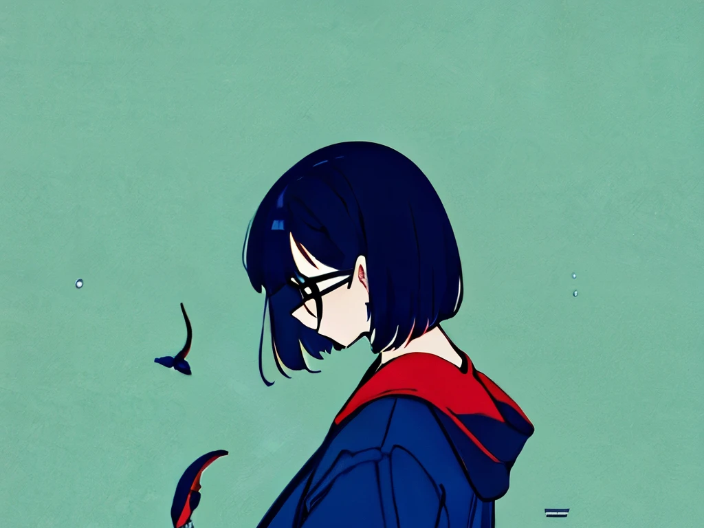 high quality, half body photo, from side, A girl whose face was hidden by fish, Fish are swimming in the background, round glasses, bob black hair,