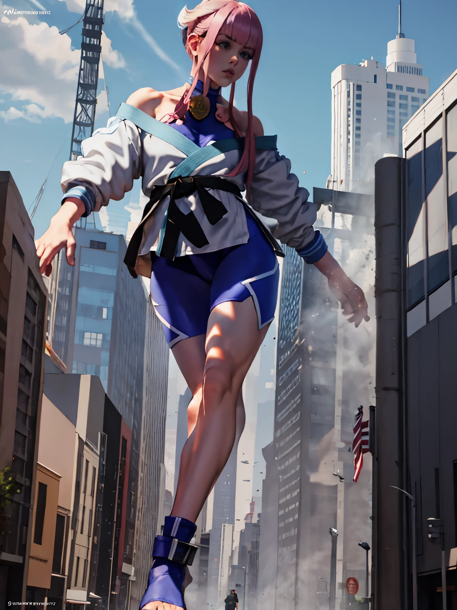 Masterpiece, best quality, high-resolution, 1girl, solo, 1girl, giantess, giant girl, mamonms, off shoulder, white dougi, martial arts belt, halterneck, hip ventilation, bodysuit, walking in the city