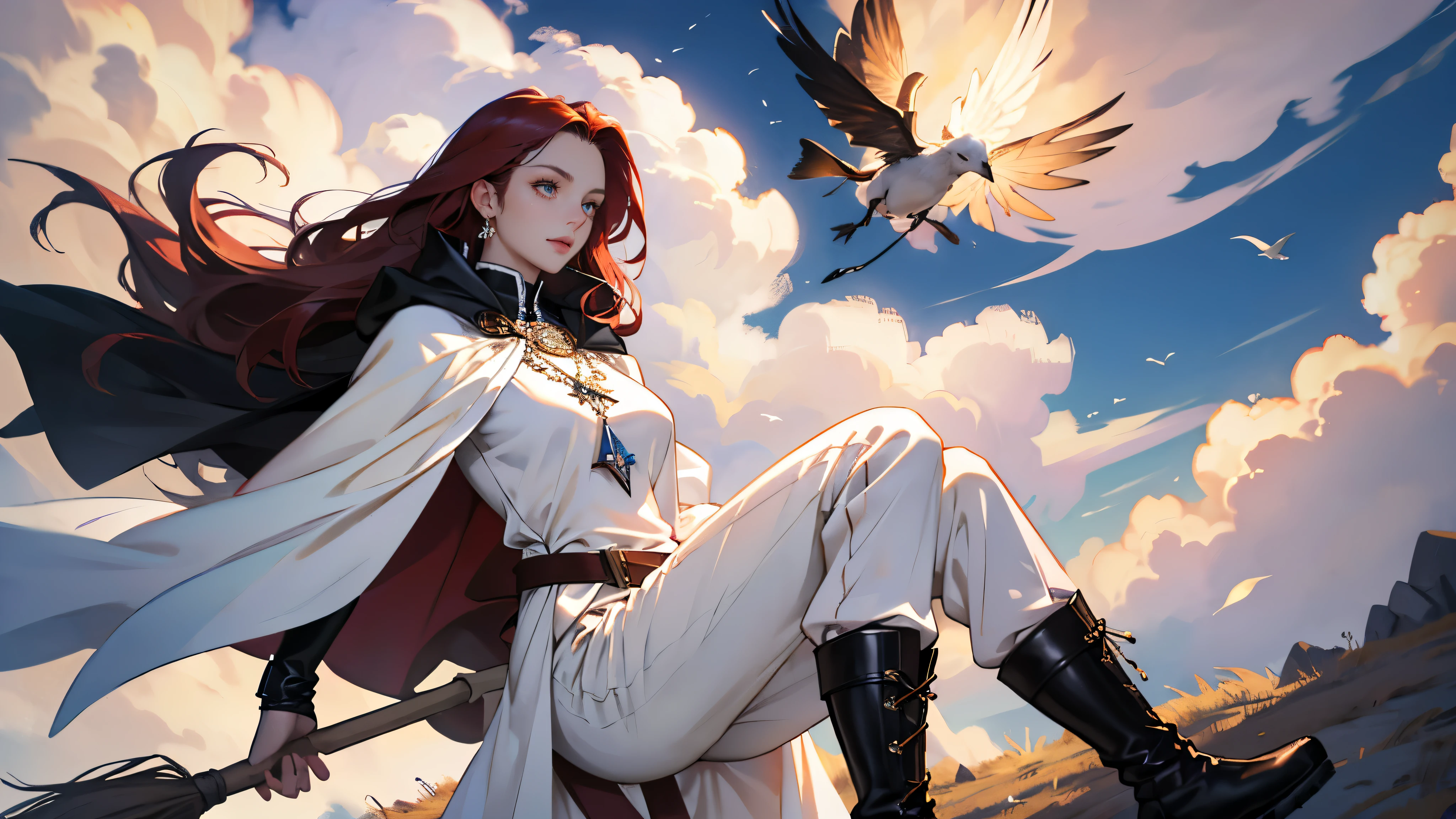 masterpiece, super detailed, 8K portrait, RAW photo, portrait photography, highly detailed face, beautiful and detailed eyes, ((fantasy)), young and beautiful, dynamic pose, (((long dark red straight hair))), ((witch)), white skin color, luxury, crystal necklace, (((Cloudy white silk long cloak))) fluttering in the wind, (((long one-piece tunic))), (((cropped pants)), (((leather boots))), ((fly in the sky on a magic broom)), midday sun, surreal, body model, big breasts, beautiful breasts, long legs, In the sky, environmental lighting, shadow details , Focus the camera on the thigh, strong wind, light fog