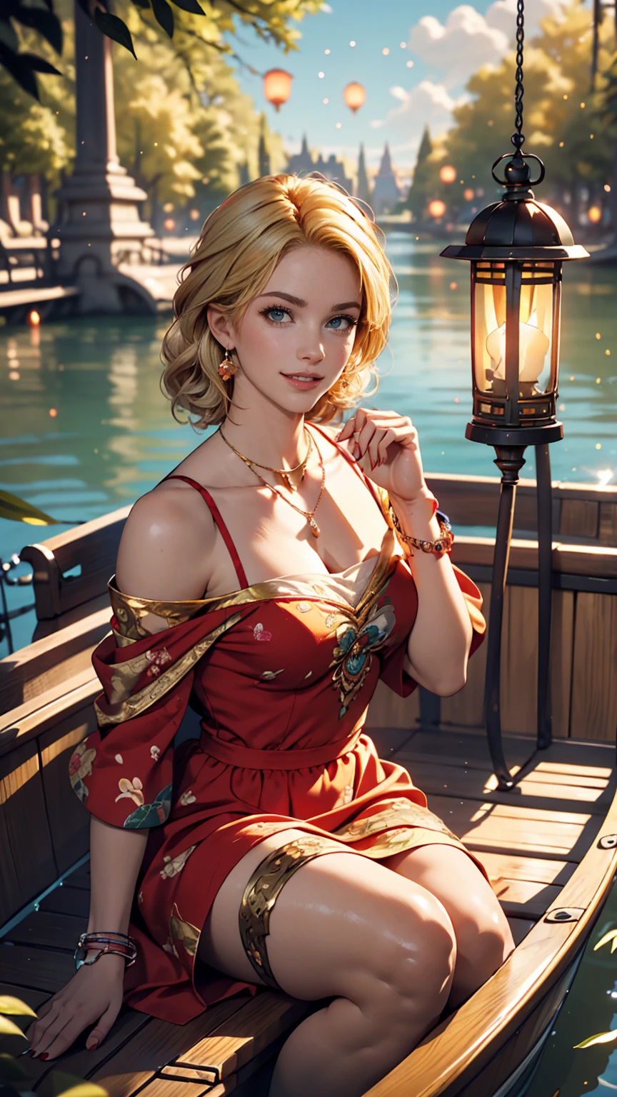 ((最high quality, 8K, masterpiece: 1.3, Ultra HD, high quality, 最high quality, High resolution, realism)) 、A 22-year-old extremely beautiful white woman、Hair color blonde、blue eyeedium Hair、Straight Hair、smile、Slender but well-proportioned body、Background blur((depth of field))、Aerial perspective((atmospheric perspective))、I want my head to stay off screen、Wearing accessories on the wrist、Put an anklet on your ankle、Wearing red nail polish、I have a peticure、Disney((Disney))Tangled、Blonde long hair、Wear an off-the-shoulder dress、smile、A lake in the forest、A boat floating in the middle of a lake、Looking up at the many lanterns flying in the night sky