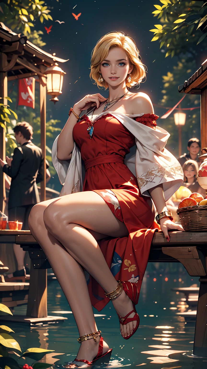 ((最high quality, 8K, masterpiece: 1.3, Ultra HD, high quality, 最high quality, High resolution, realism)) 、A 22-year-old extremely beautiful white woman、Hair color blonde、blue eyeedium Hair、Straight Hair、smile、Slender but well-proportioned body、Background blur((depth of field))、Aerial perspective((atmospheric perspective))、I want my head to stay off screen、Wearing accessories on the wrist、Put an anklet on your ankle、Wearing red nail polish、I have a peticure、Disney((Disney))Tangled、Blonde long hair、Wear an off-the-shoulder dress、smile、A lake in the forest、A boat floating in the middle of a lake、Looking up at the many lanterns flying in the night sky