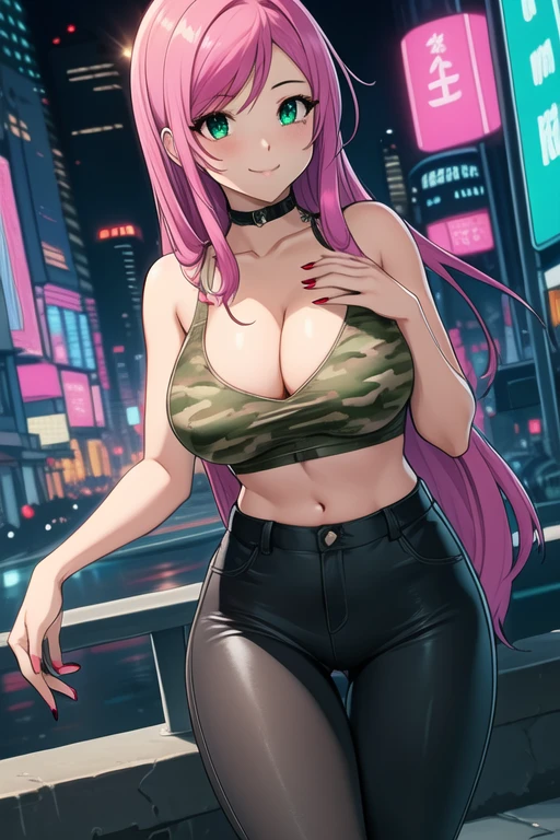 1 girl, 19 years old, Long pink hair, green eyes with slit pupils, master-piece, best quality, (standing up), (camo top), (camo crop top, black pants, red nails, cleavage),  (Big , ultra gigantic , Super super big, Glamorous body), Make eye contact with the camera, front figure, looking forward, (light_Smile:1.5), (Detailed hands and fingers:1.2) (Cyberpunk City), (FULL BODYSHOT), thighs thighs thighs thighs、beauty legs、Bare legs