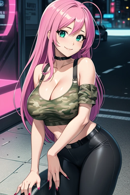 1 girl, 19 years old, Long pink hair, green eyes with slit pupils, master-piece, best quality, (standing up), (camo top), (camo crop top, black pants, red nails, cleavage), (Big , ultra gigantic , Super super big, Glamorous body), Make eye contact with the camera, front figure, looking forward, (light_Smile:1.5), (Detailed hands and fingers:1.2) (Cyberpunk City), (FULL BODYSHOT), thighs thighs thighs thighs、beauty legs、Bare legs