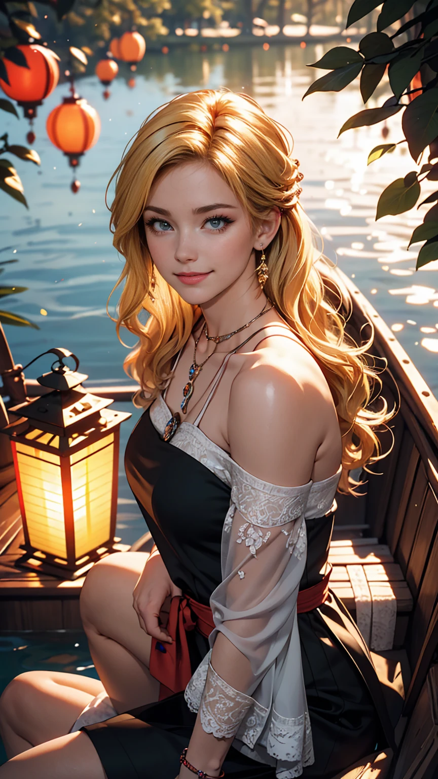 ((最high quality, 8K, masterpiece: 1.3, Ultra HD, high quality, 最high quality, High resolution, realism)) 、A 22-year-old extremely beautiful white woman、Hair color blonde、blue eyeedium Hair、Straight Hair、smile、Slender but well-proportioned body、Background blur((depth of field))、Aerial perspective((atmospheric perspective))、I want my head to stay off screen、Wearing accessories on the wrist、Put an anklet on your ankle、Wearing red nail polish、I have a peticure、Disney((Disney))Tangled、Blonde long hair、Wear an off-the-shoulder dress、smile、A lake in the forest、A boat floating in the middle of a lake、Looking up at the many lanterns flying in the night sky