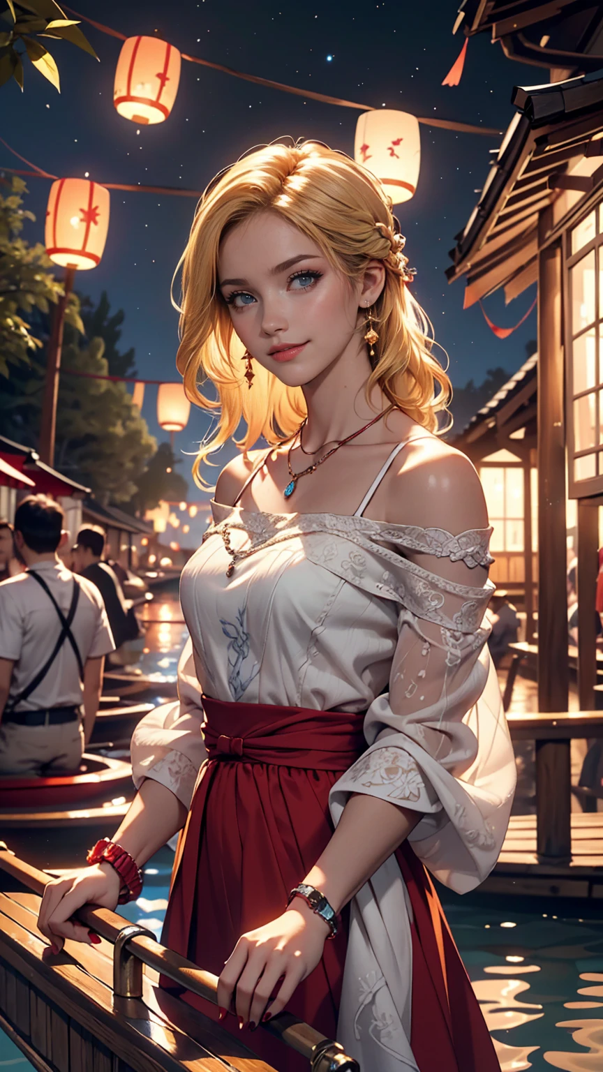 ((最high quality, 8K, masterpiece: 1.3, Ultra HD, high quality, 最high quality, High resolution, realism)) 、A 22-year-old extremely beautiful white woman、Hair color blonde、blue eyeedium Hair、Straight Hair、smile、Slender but well-proportioned body、Background blur((depth of field))、Aerial perspective((atmospheric perspective))、I want my head to stay off screen、Wearing accessories on the wrist、Put an anklet on your ankle、Wearing red nail polish、I have a peticure、Disney((Disney))Tangled、Blonde long hair、Wear an off-the-shoulder dress、smile、A lake in the forest、A boat floating in the middle of a lake、Looking up at the many lanterns flying in the night sky