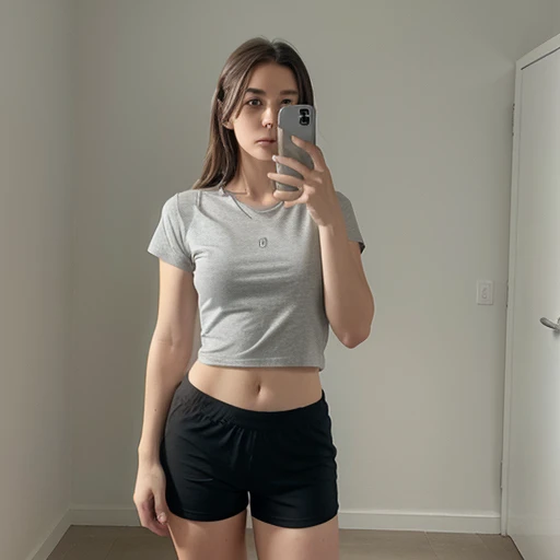 Selfie, white girl, standing, gray t-shirt, black sports shorts, plain wall background, ((body selfie)), iphone, clean background, plain t-shirt 