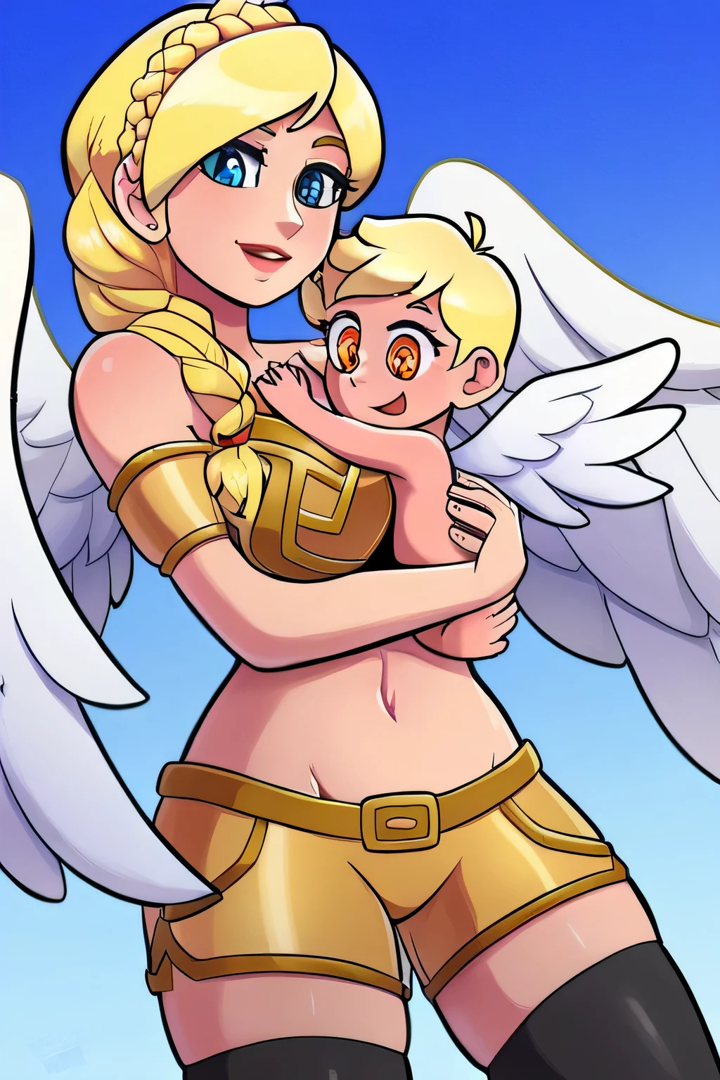 A tall goddess woman beautiful sexy sensual beautiful beautiful tenderness affectionate pretty smiles kindly long yellow hair wavy to the side one Mencho short yellow braid her light blue eye another orange eye she dresses bright gold metal brassiere shows navel and shorts gold armor shows leg socks black net and wearing angel wings back blue sky background flying golden feather and carrying her hugging mom her