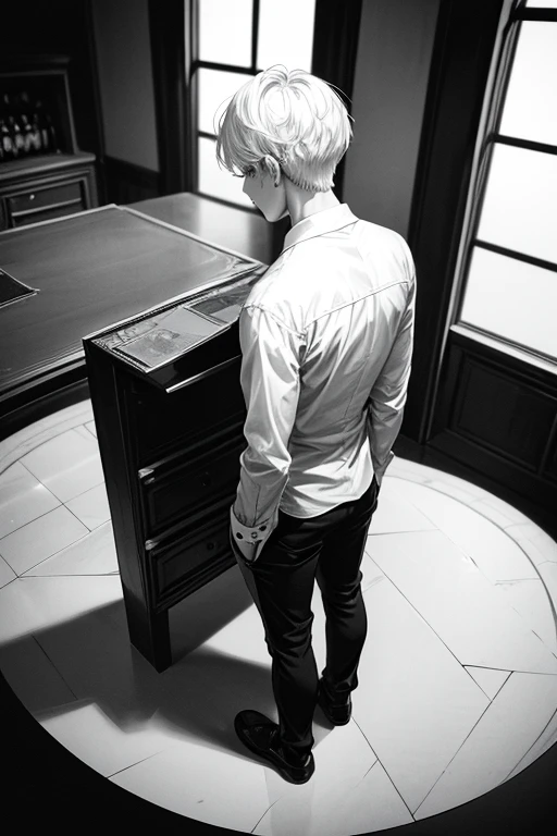 monochrome,masterpiece,illustration, best quality, best aathetic,male focus, a man standing,full body,back,shirt,18 years old,white hair,short hair,looking away:1.4, solo,long shot,Low angle and full shot, overhead shot,from above,Round table,from behind,