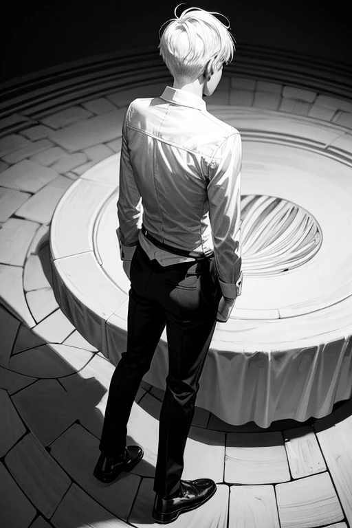 monochrome,masterpiece,illustration, best quality, best aathetic,male focus, a man standing,full body,back,shirt,18 years old,white hair,short hair,looking away:1.4, solo,long shot,Low angle and full shot, overhead shot,from above,Round table,from behind,
