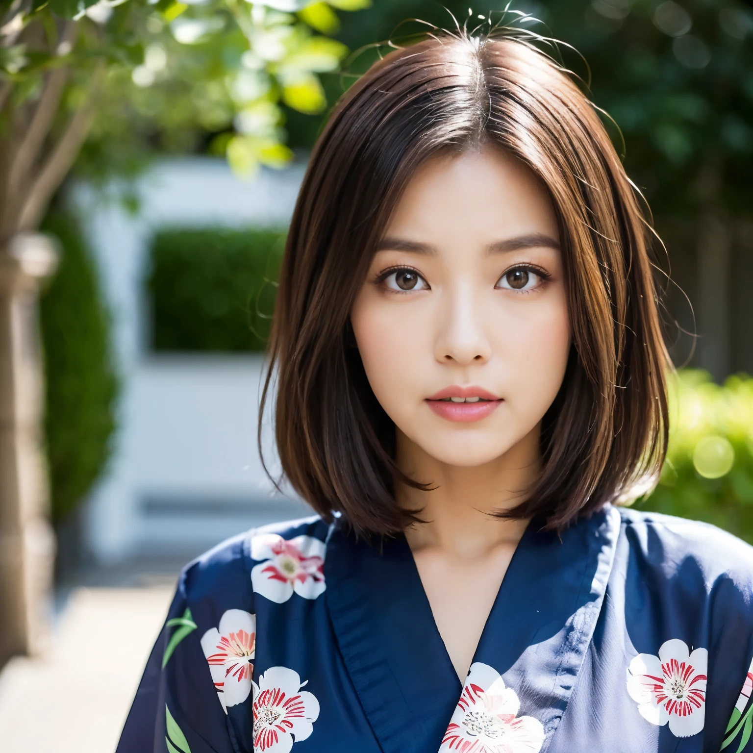 ((Head in close-up)), dessus de la table, of the highest quality, High resolution, Seulement,25 ans, belle fille japonaise, petits seins, (Un petit grain de beauté sous l'eye),((plump lips)),(Floral Yukata:1.25), ((eyes visible through the hair)),(tendre la main vers l'avant), (embrasser le visage)