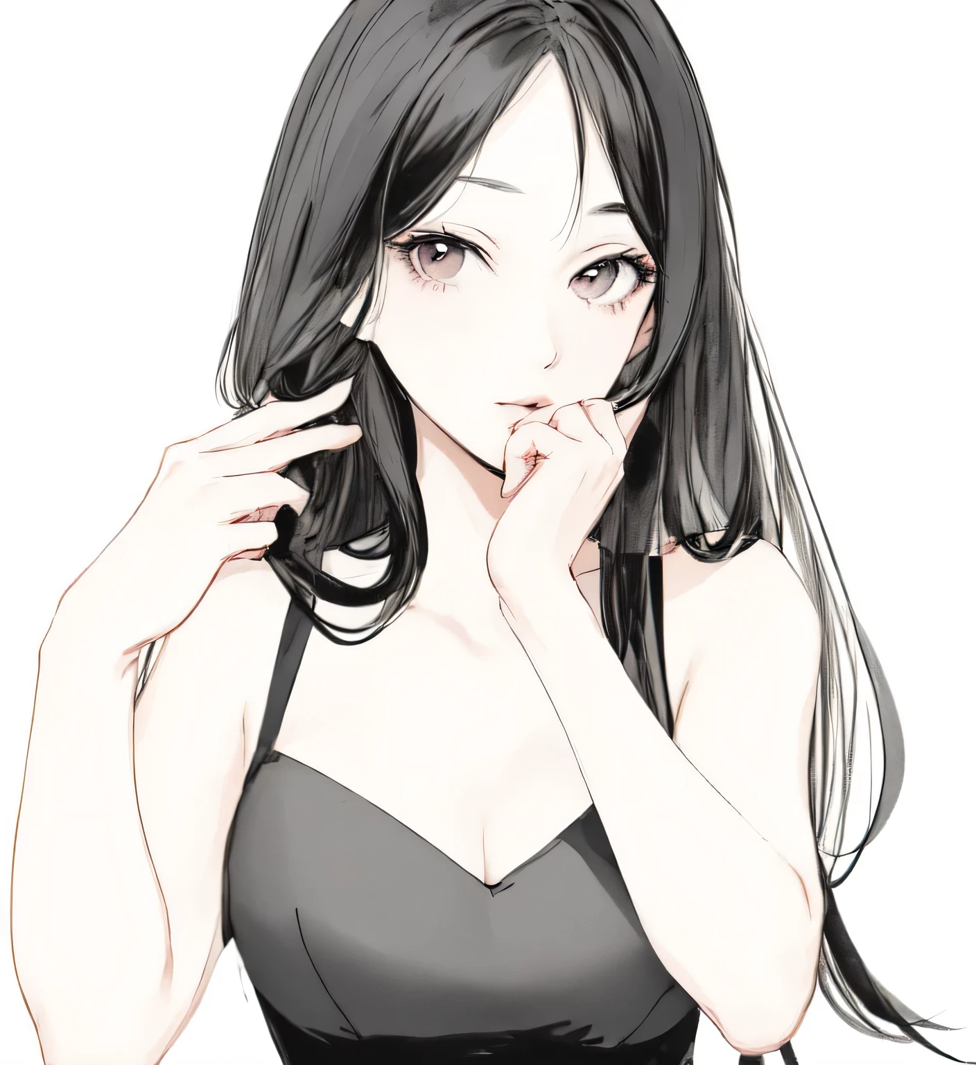 highest quality、High-quality illustrations、Upper Body、Girls in hostess clubs、（Curly Hair:2.0）、Shiny Hair、makeup、Straight face、No bangs、Forehead、Black dress
 