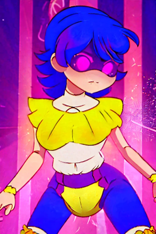 Ai is a beautiful girl with pink eyes and blue-purple hair. Some of the strands stand out for their bright pink hue. Hair reaches to the shoulder blades, And the bangs are parted and even. Both purple eyes are adorned with bright stars, around which sparks shine, and a mixture of purple and pink shades at the bottom. At the edge is a mixture of yellow and blue shades.
When dressed in her Idol uniform, wears a yellow bunny hairpin with ribbons. Diaper visible underneath, embarrased, starting to transform into an abdl