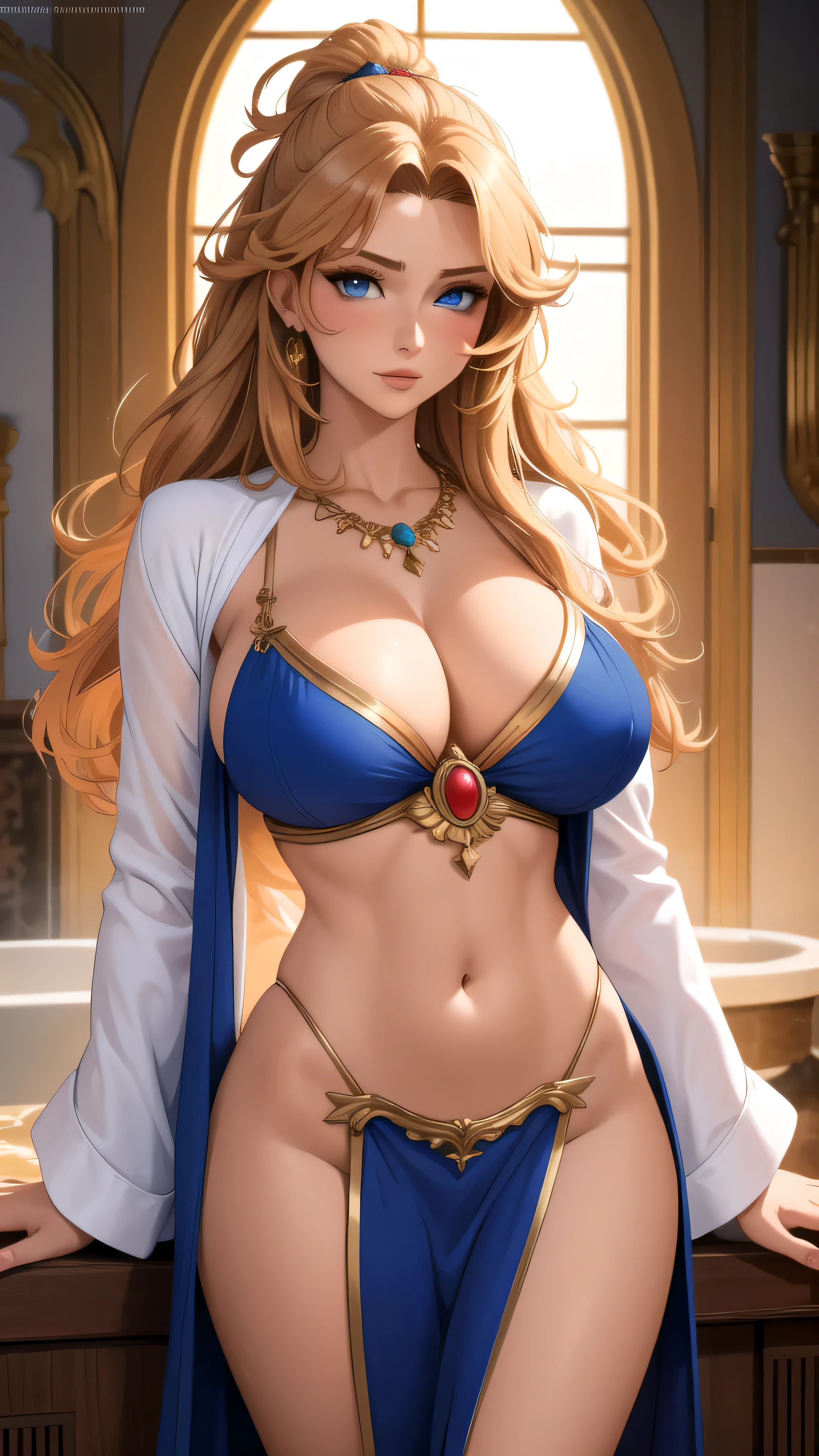 Best quality, 30 year old woman, big breasts, brownm messy hair, blue eyes, skimpy robes, sunset, upper body, sexy, angelic, , open chest, golden glow, opulent, luxurious, god rays,