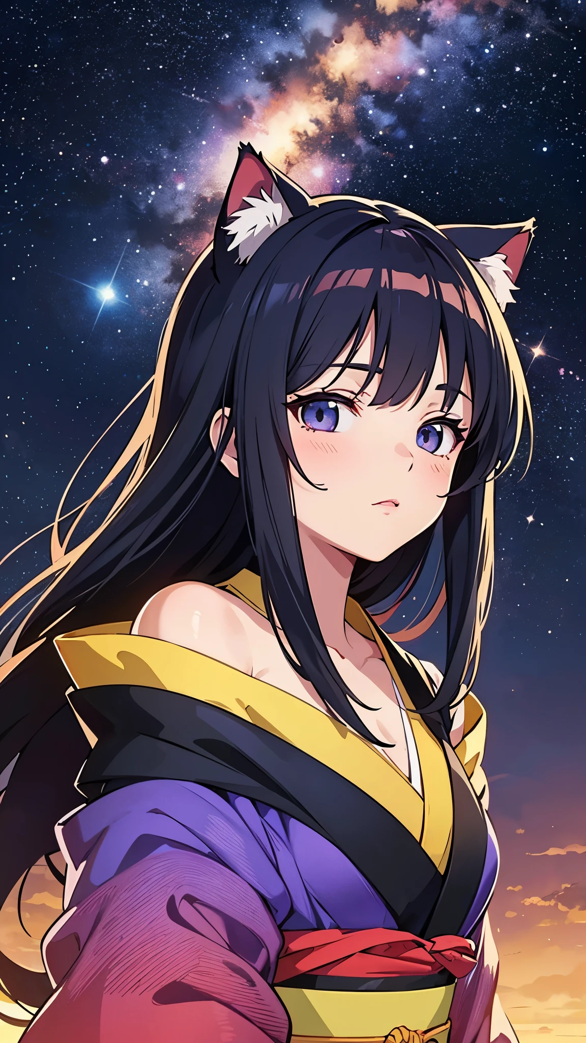 Anime girl with cat ears wearing a kimono with cat ears, shoulder looks, anime drawing Yang Jay, winner of the pixiv competition, serial art, Digital anime illustration, Kawashi, anime style illustration, anime in 4k style, Beautiful anime portrait, anime style portrait, anime style work, Works in the style of Gouweiz, anime illustration, digital anime art, Detailed digital anime art, Beautiful starry sky, ((Beautiful night view))
