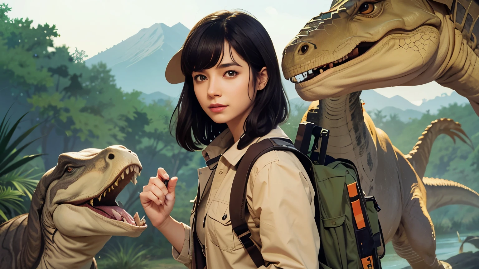 Arabian style image of a woman in safari clothing standing next to a dinosaur, jurassic image, Background artwork, Artjam and Athi Gairan, Lois van Baarle and Ross de Rose, kate bishop, Promotional Art, epic full color illustration, Official Art, Gweiz style artwork, high detailed Official Artwork, Official Fan Art, Lofi Art