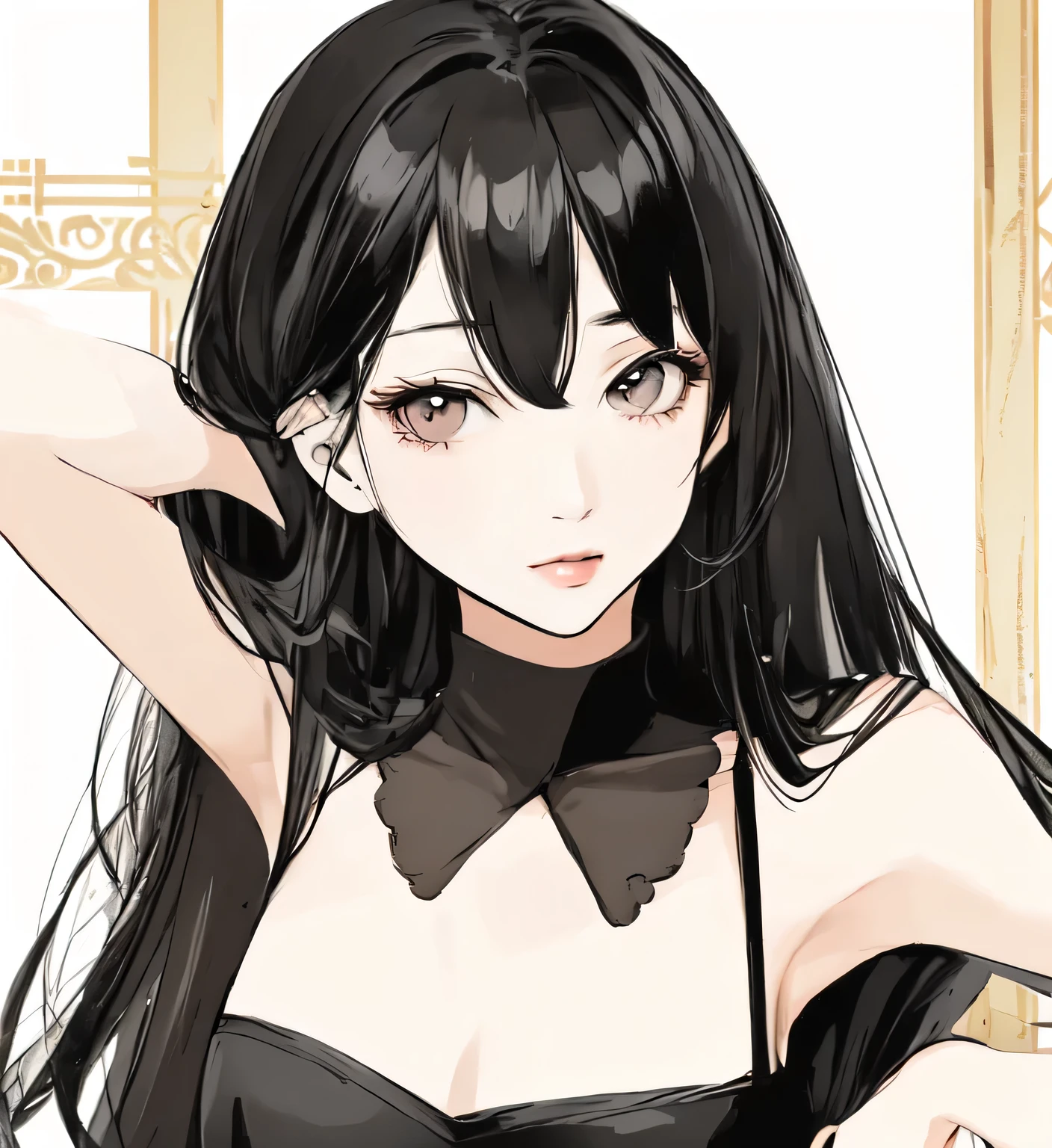 highest quality、High-quality illustrations、Upper Body、Girls in hostess clubs、（Curly Hair:2.0）、Shiny Hair、makeup、Straight face、No bangs、Forehead、Black dress
 