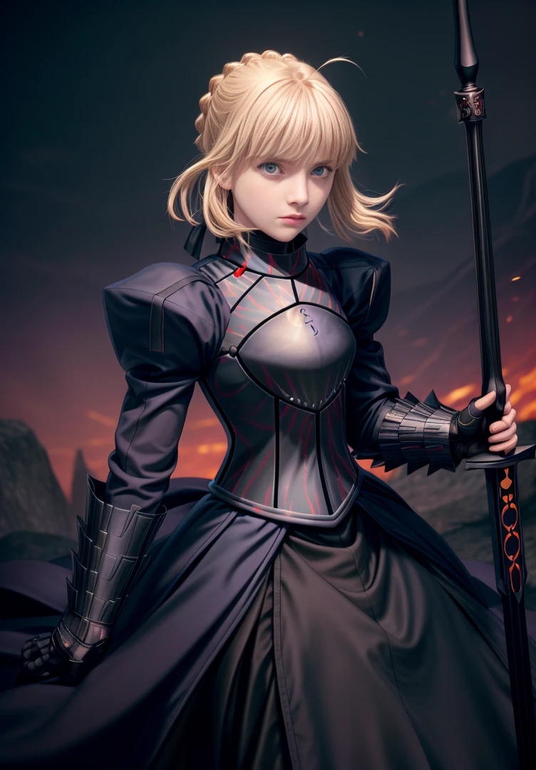 Best quality, Masterpiece, phAlter, phAltoria, 1girll, Solo, Dark weapons, Dark armor dress, Sword of Darkness, view the viewer, Armed with a dark weapon, Dark gloves, Armed with a dark sword, hair between eye, Black dress, chest plate, Black armor, side locks, bangs, french braid, parted lip, Puffy sleeves, Long sleeves, Short hair,detailed